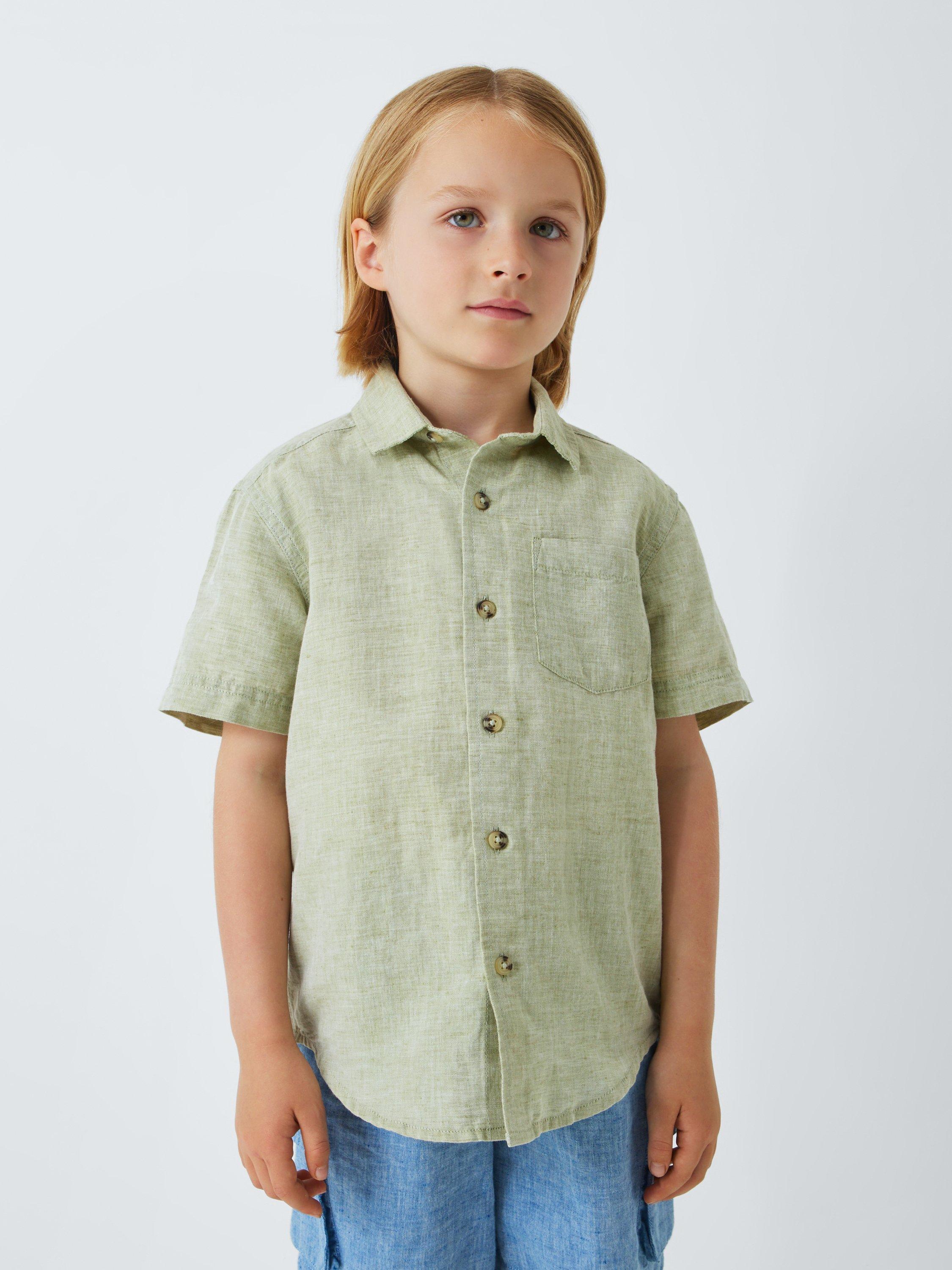 Product image 1 of 7, which shows John Lewis Kids' Linen Rich Short Sleeve Shirt, Green, 2 yrs
