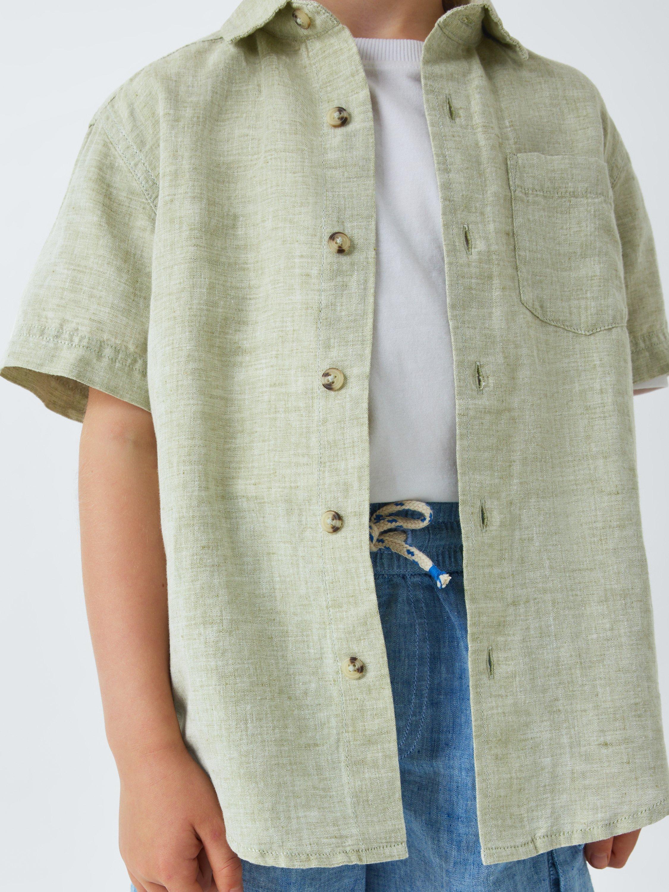 Product image 5 of 7, which shows John Lewis Kids' Linen Rich Short Sleeve Shirt, Green, 2 yrs