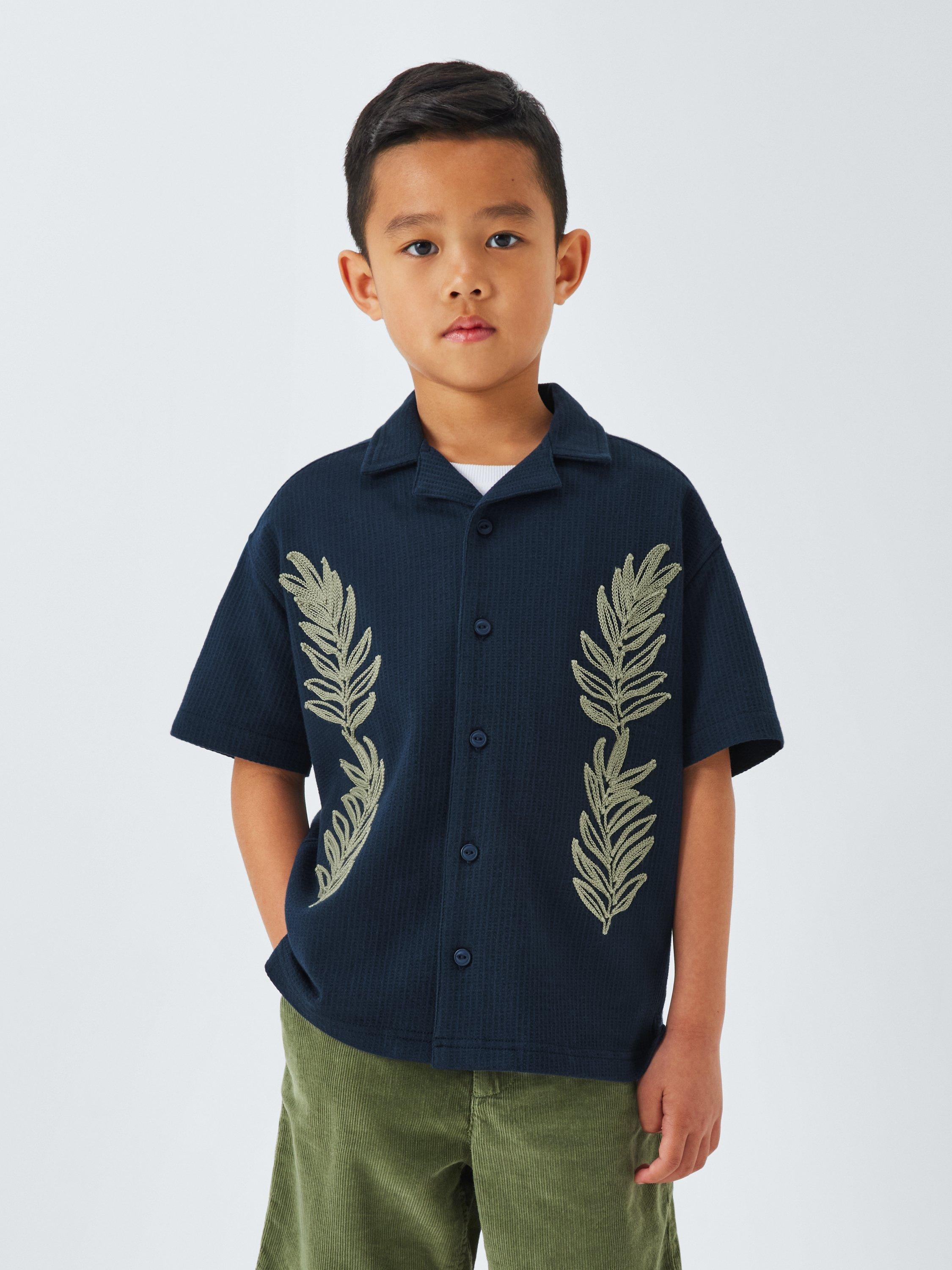 Product image 1 of 7, which shows John Lewis Kids' Embroidered Fern Seersucker Cotton Shirt, Navy, 2 years
