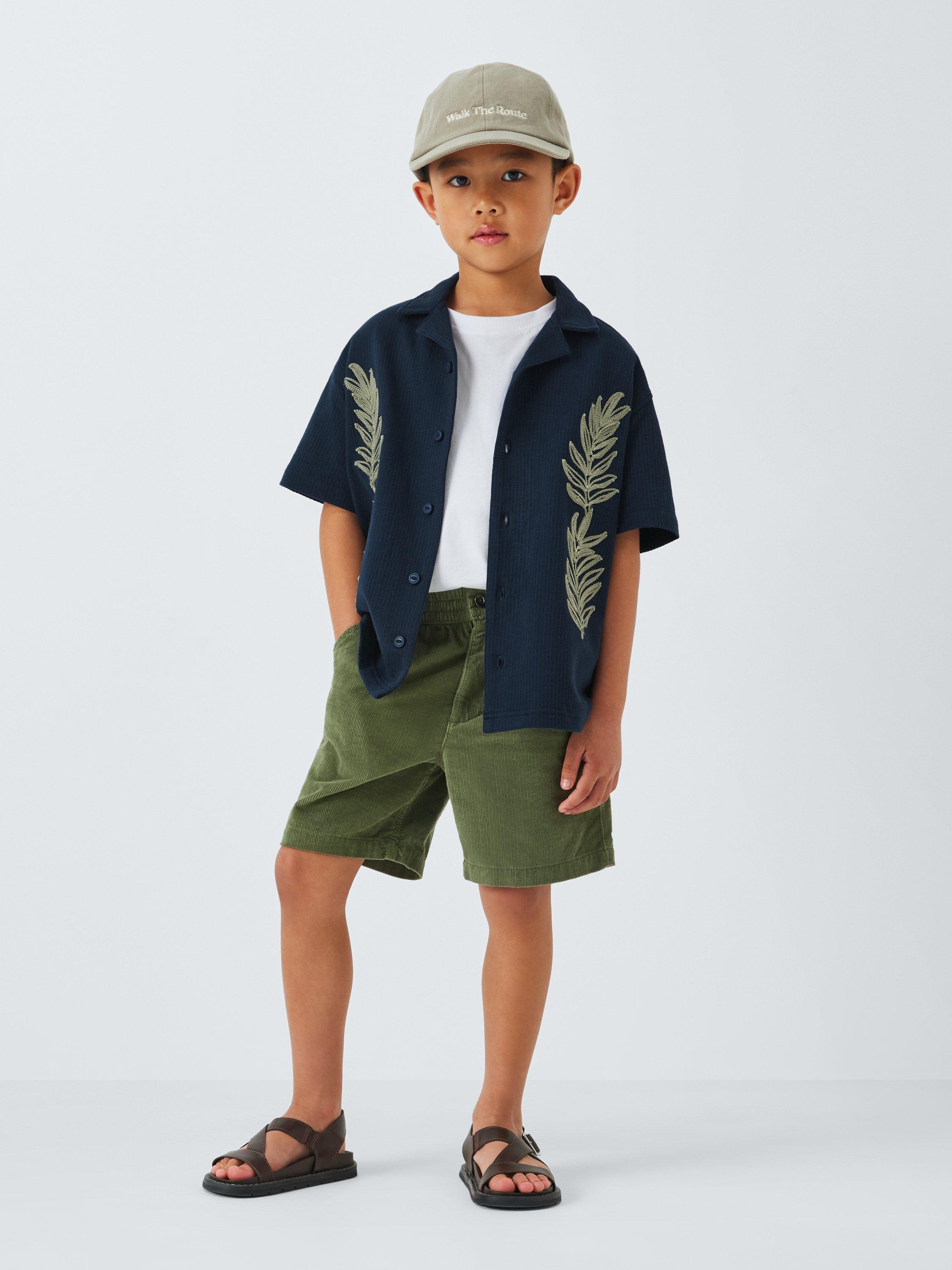 Product image 2 of 7, which shows John Lewis Kids' Embroidered Fern Seersucker Cotton Shirt, Navy, 2 years