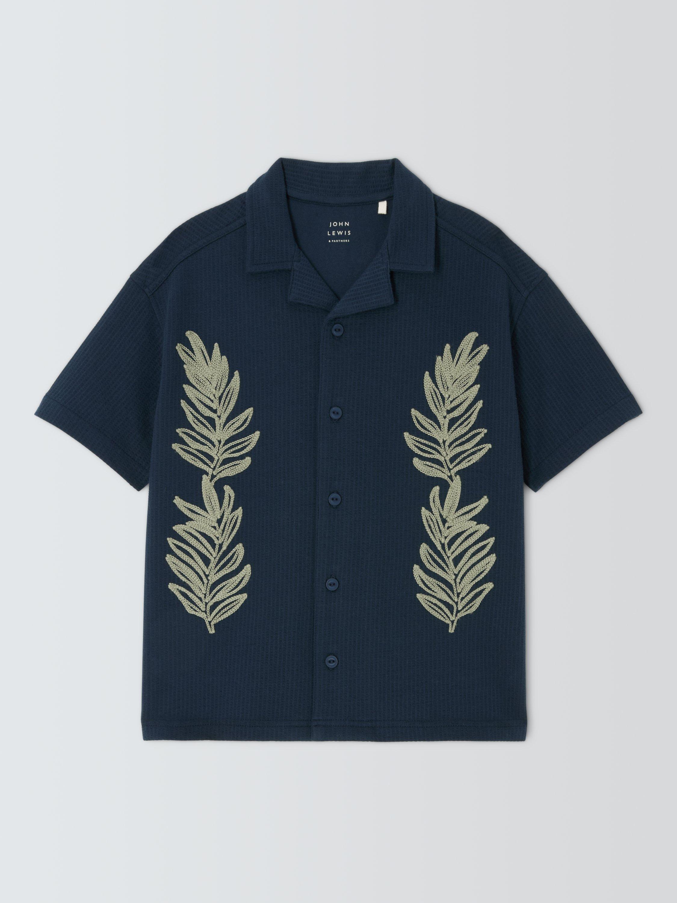 Product image 3 of 7, which shows John Lewis Kids' Embroidered Fern Seersucker Cotton Shirt, Navy, 2 years
