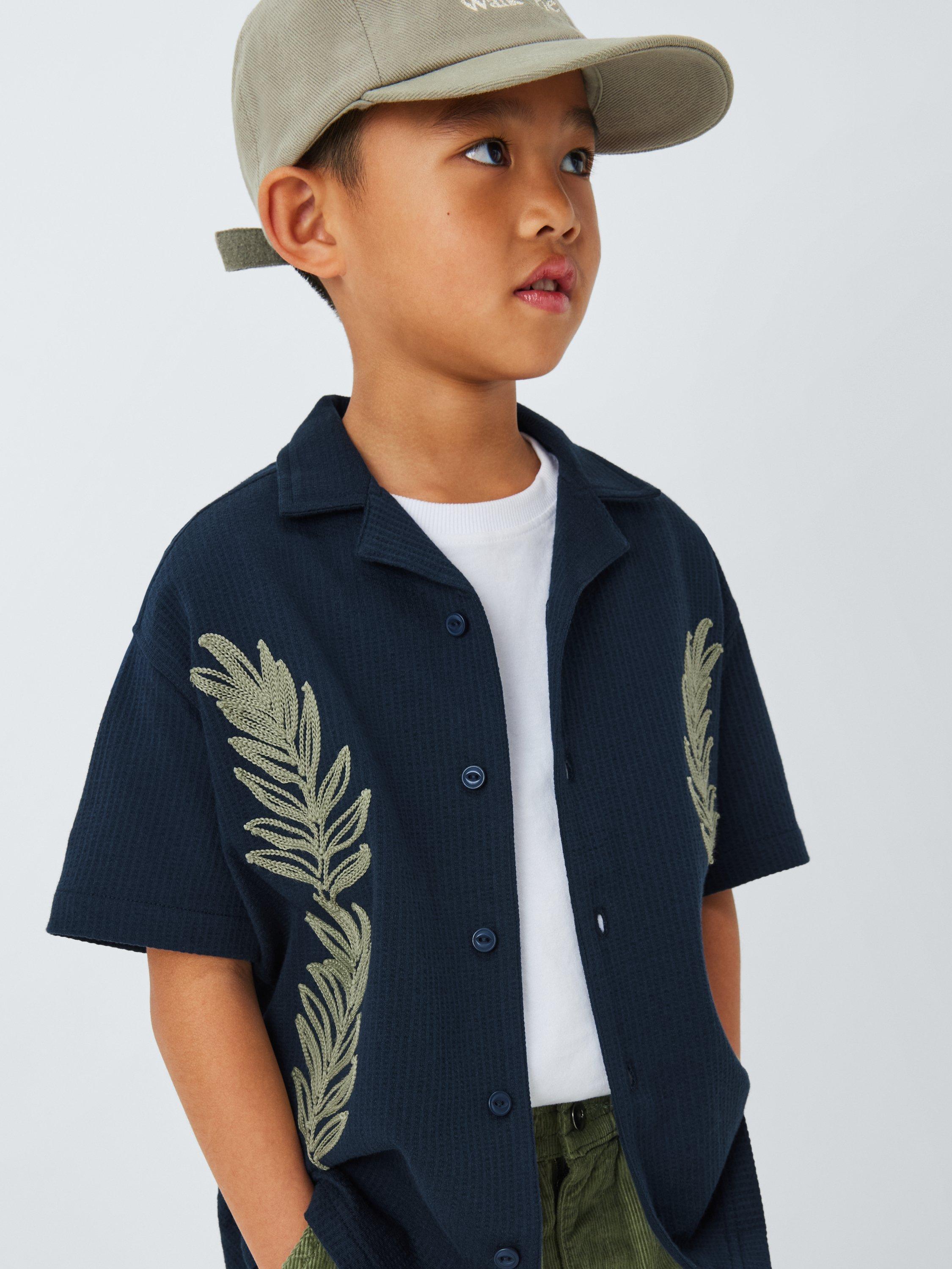Product image 5 of 7, which shows John Lewis Kids' Embroidered Fern Seersucker Cotton Shirt, Navy, 2 years