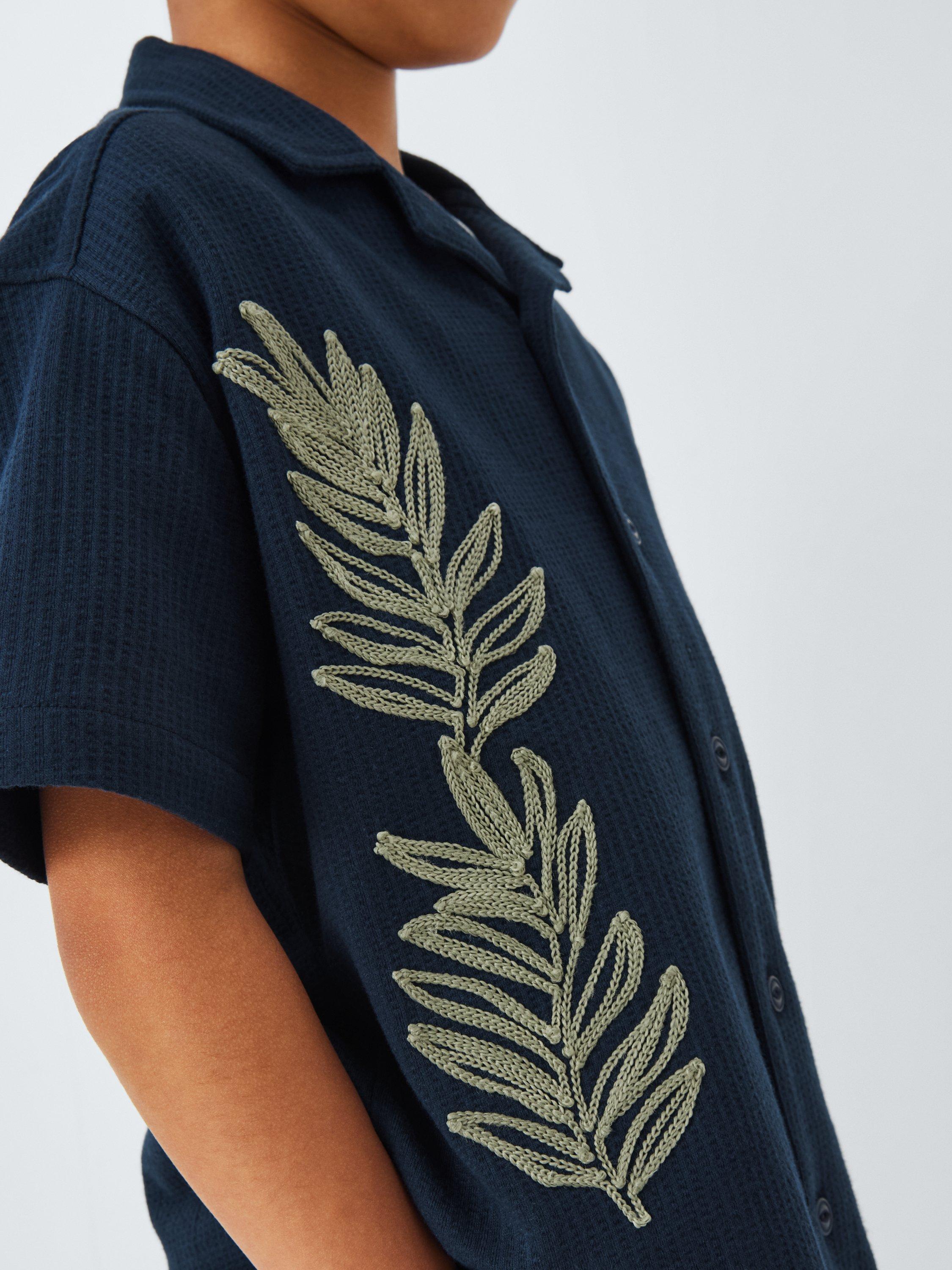 Product image 6 of 7, which shows John Lewis Kids' Embroidered Fern Seersucker Cotton Shirt, Navy, 2 years