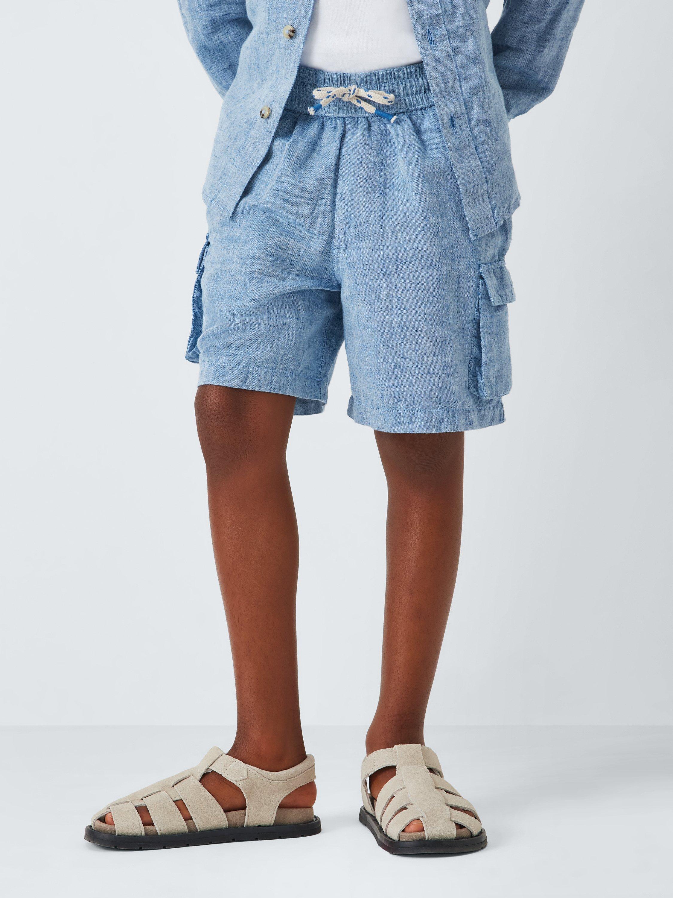 Product image 1 of 9, which shows John Lewis Kids' Linen Rich Cargo Shorts, Chambray, 2 years