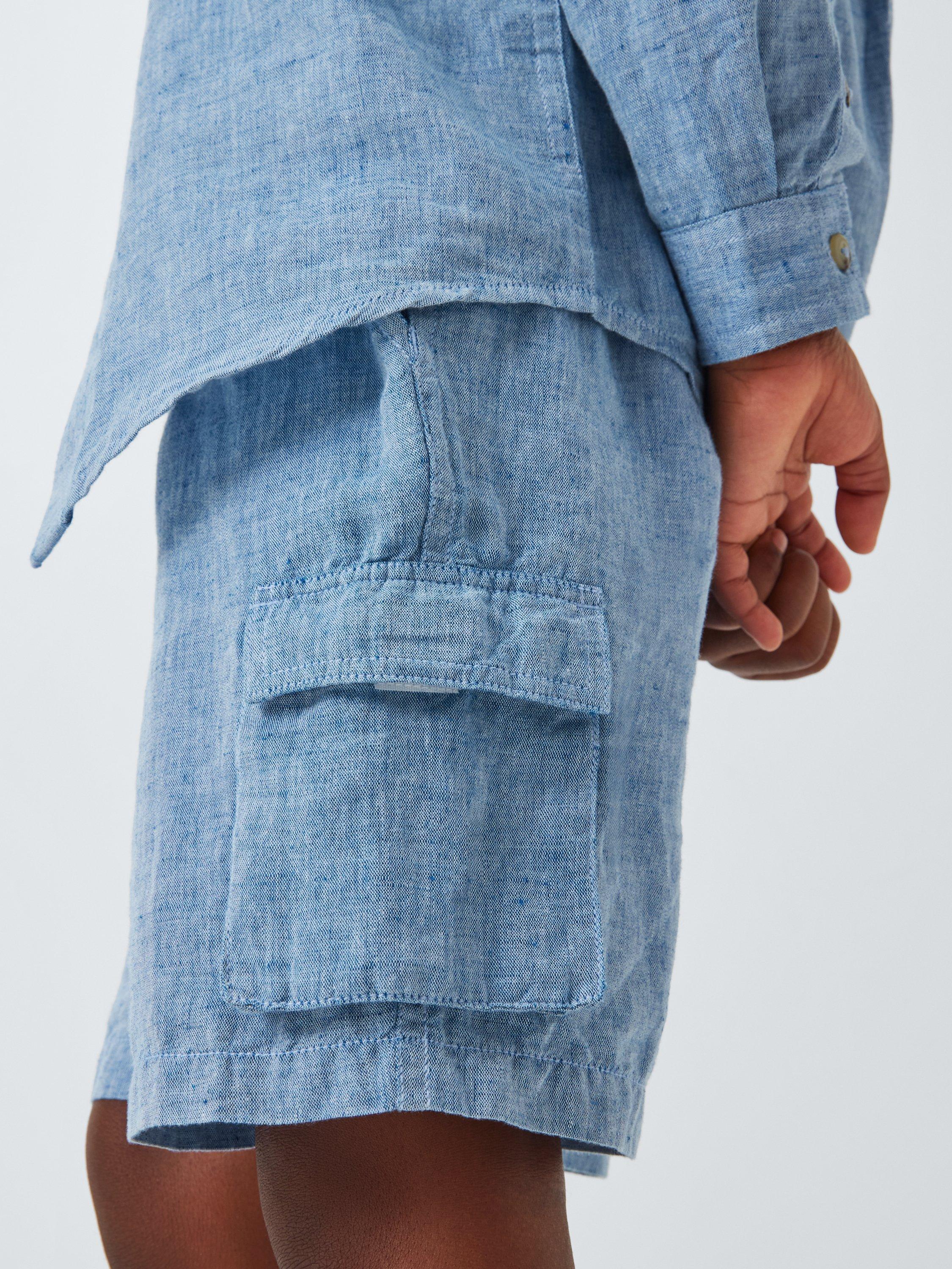 Product image 6 of 9, which shows John Lewis Kids' Linen Rich Cargo Shorts, Chambray, 2 years