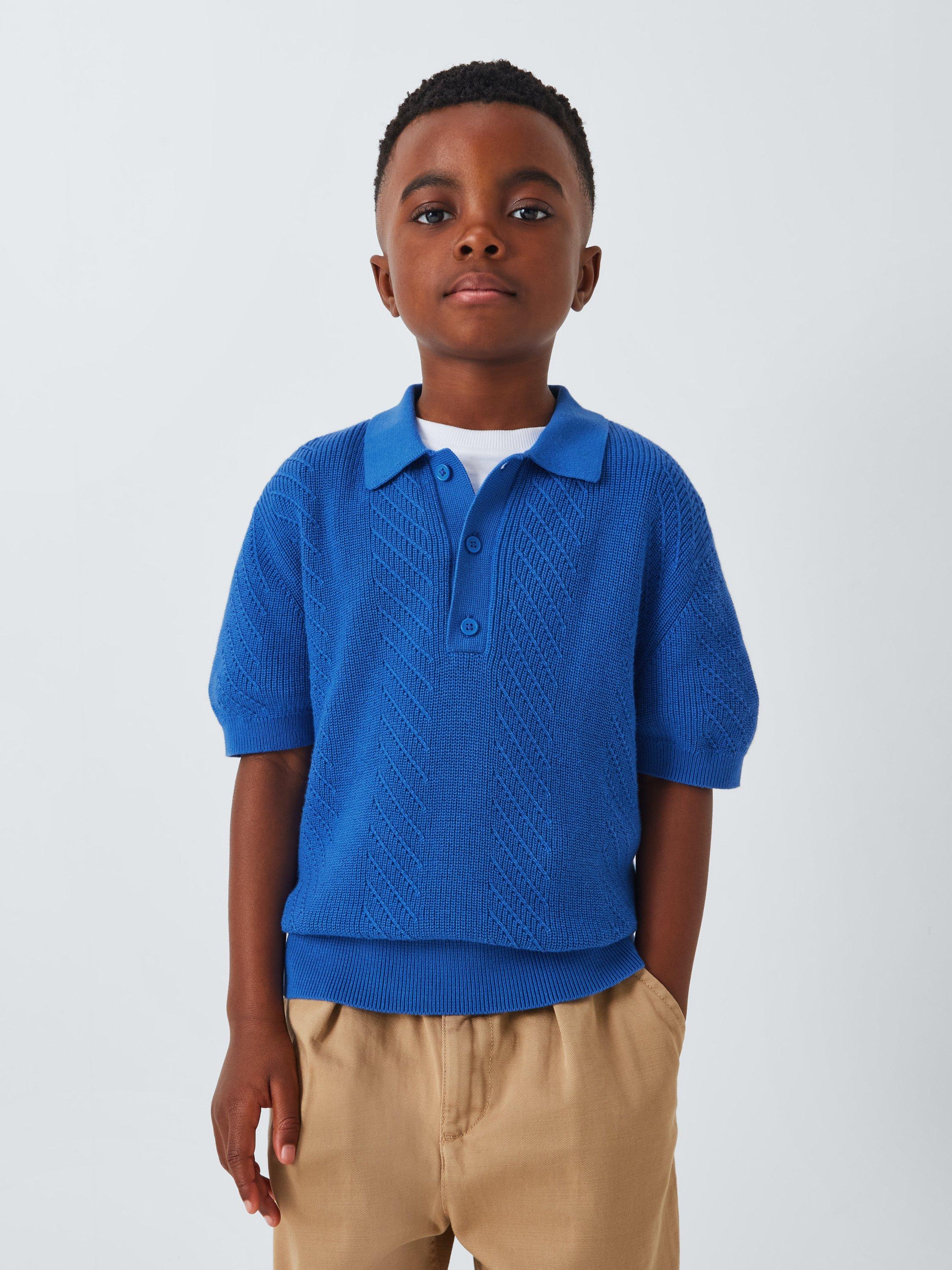 Product image 2 of 7, which shows John Lewis Kids' Short Sleeve Knit Polo Shirt, Blue, 2 years