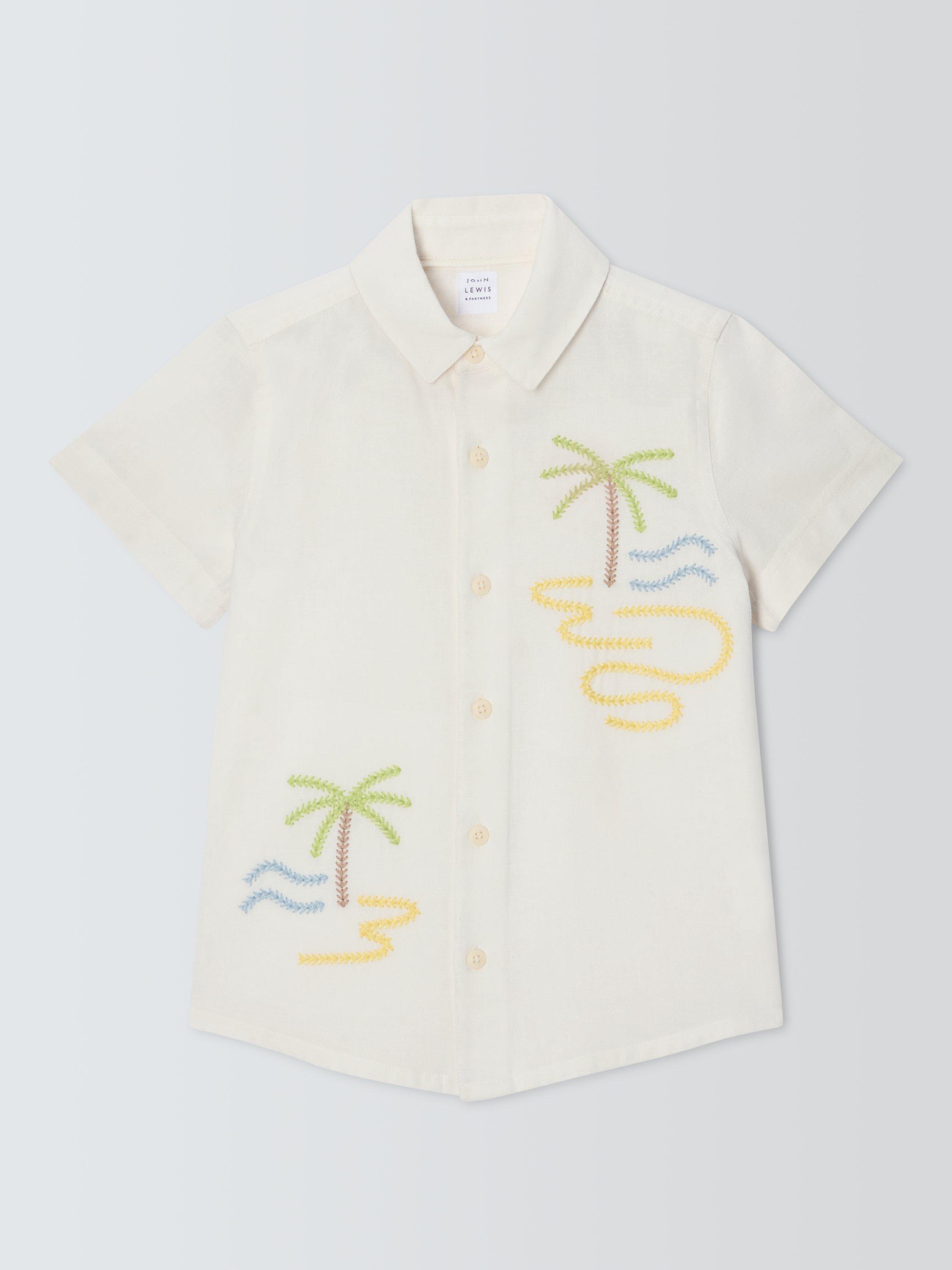 Product image 3 of 7, which shows John Lewis Kids' Embroidered Palm Tree Shirt, Ecru, 2 years
