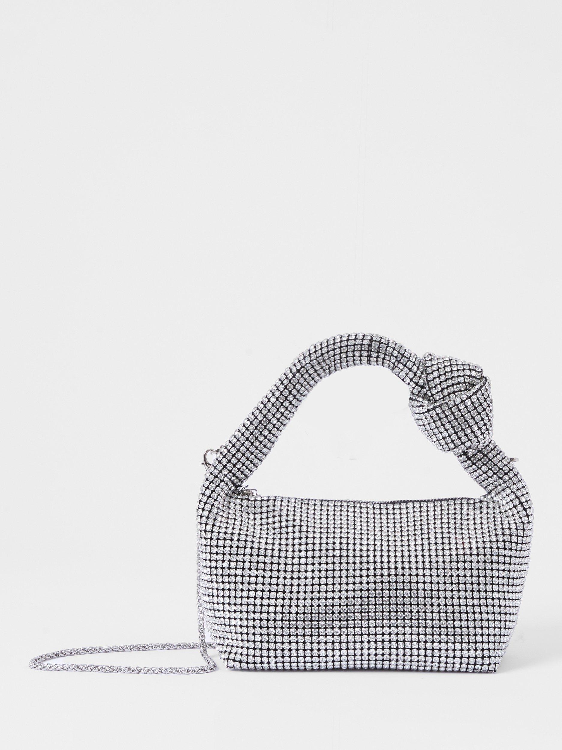 Product image 1 of 4, which shows French Connection Diamante Knot Bag, Silver