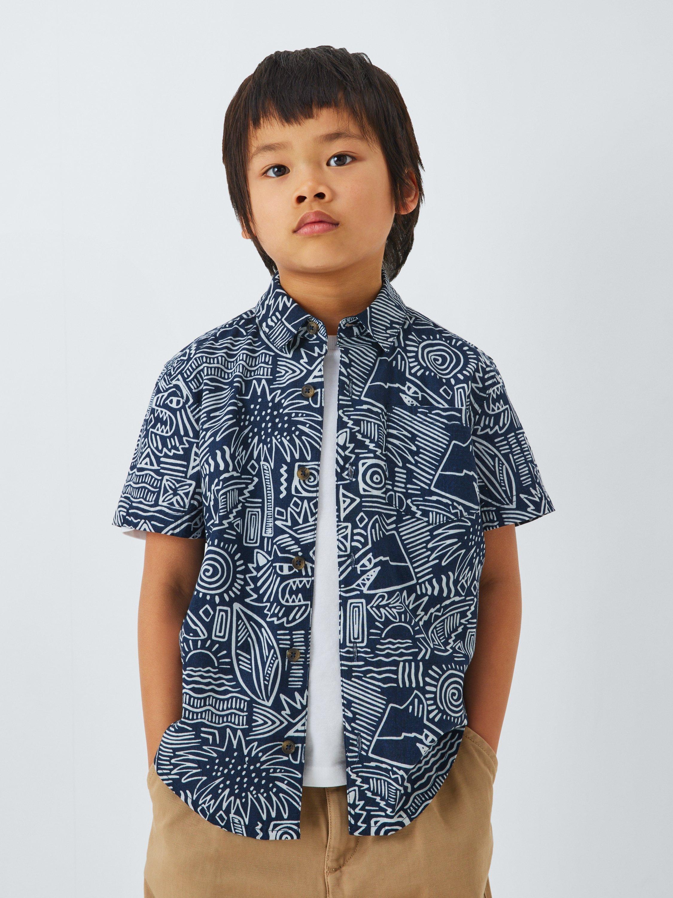 Product image 1 of 7, which shows John Lewis Kids' Shark Graphic Short Sleeve Shirt, Navy, 2 years