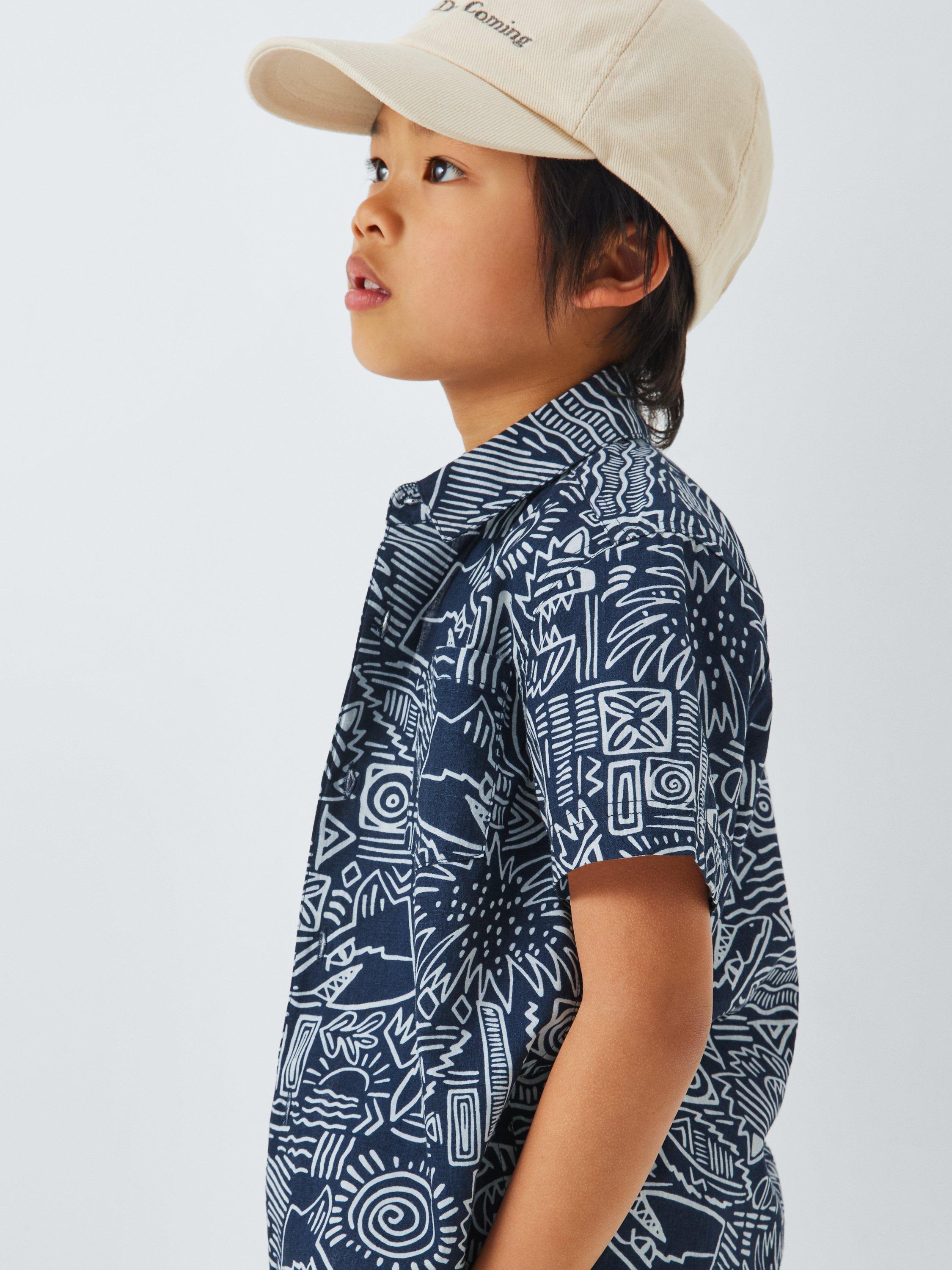Product image 4 of 7, which shows John Lewis Kids' Shark Graphic Short Sleeve Shirt, Navy, 2 years