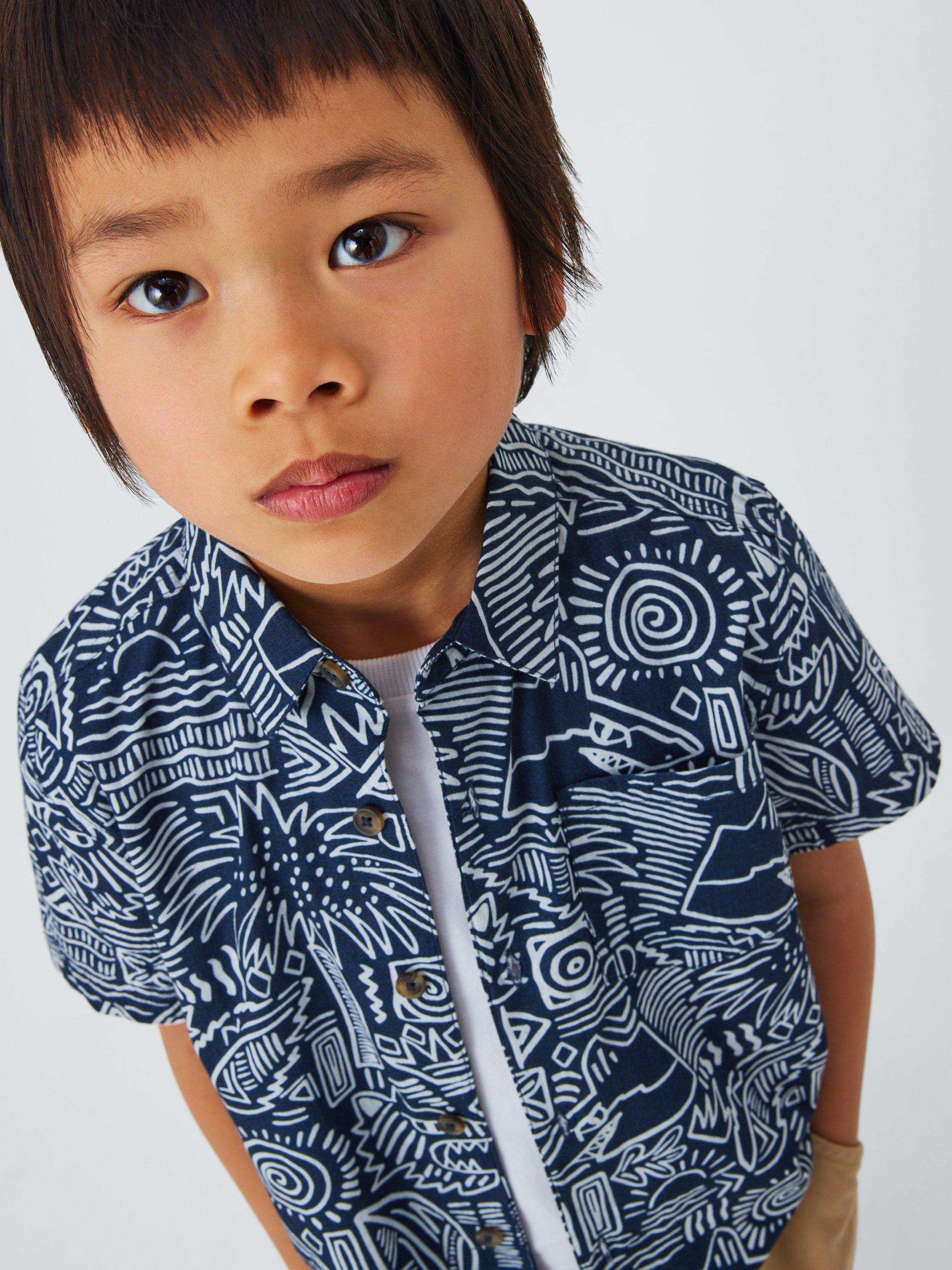 Product image 5 of 7, which shows John Lewis Kids' Shark Graphic Short Sleeve Shirt, Navy, 2 years