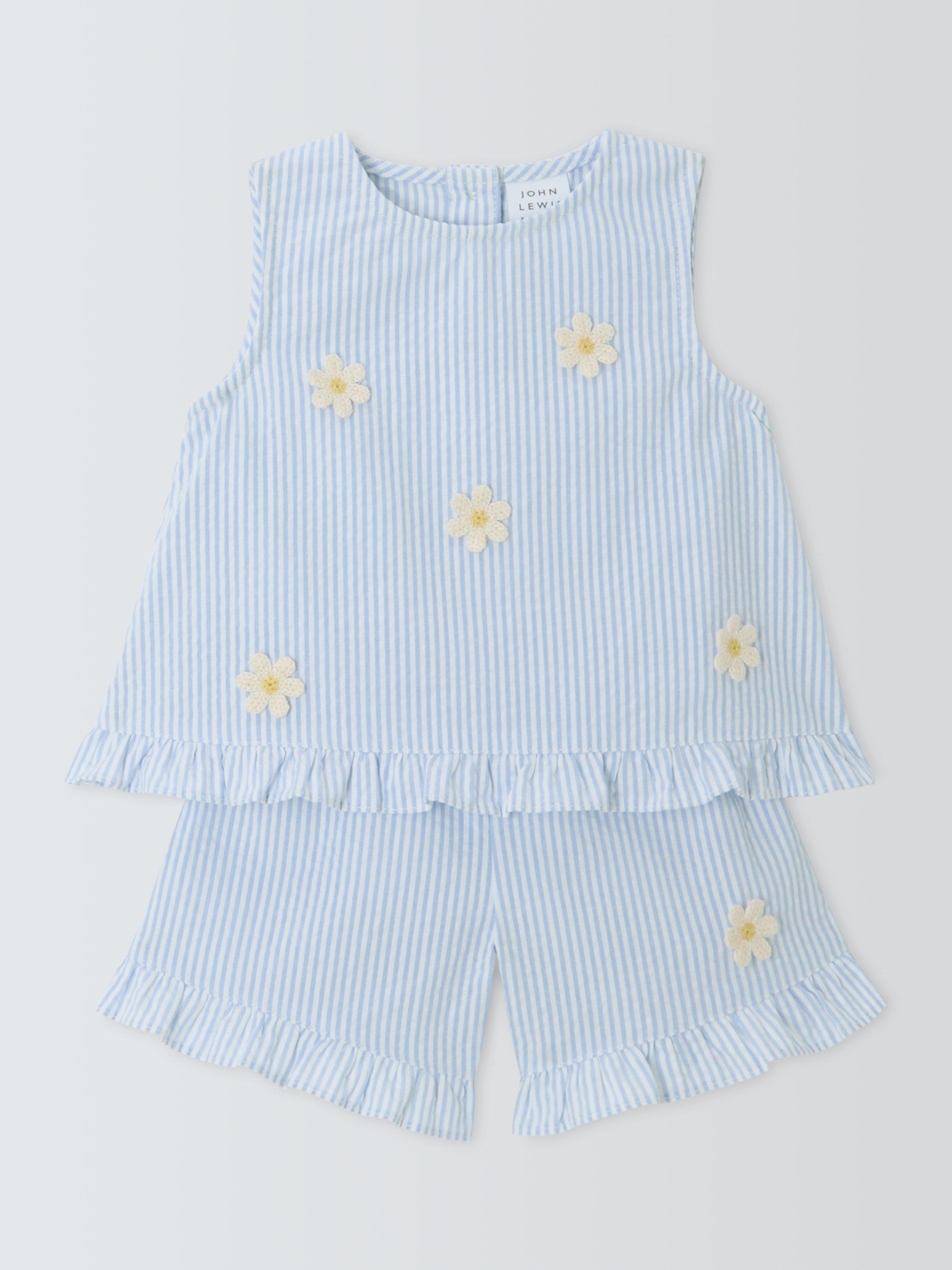 Product image 1 of 3, which shows John Lewis Baby Daisy Sleeveless Top and Shorts Set, Blue, 0-3 months