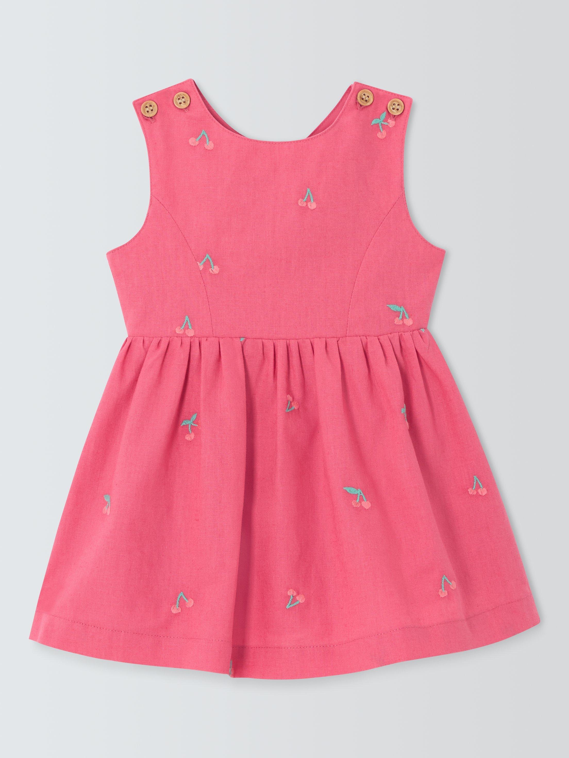 Product image 1 of 3, which shows John Lewis Baby Embroidered Cherry Linen Blend Sleeveless Dress, Pink, 0-3 months