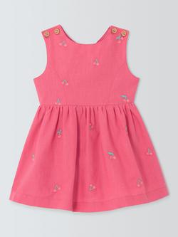 John Lewis Baby Embroidered Cherry Linen Blend Sleeveless Dress, Pink, Pink