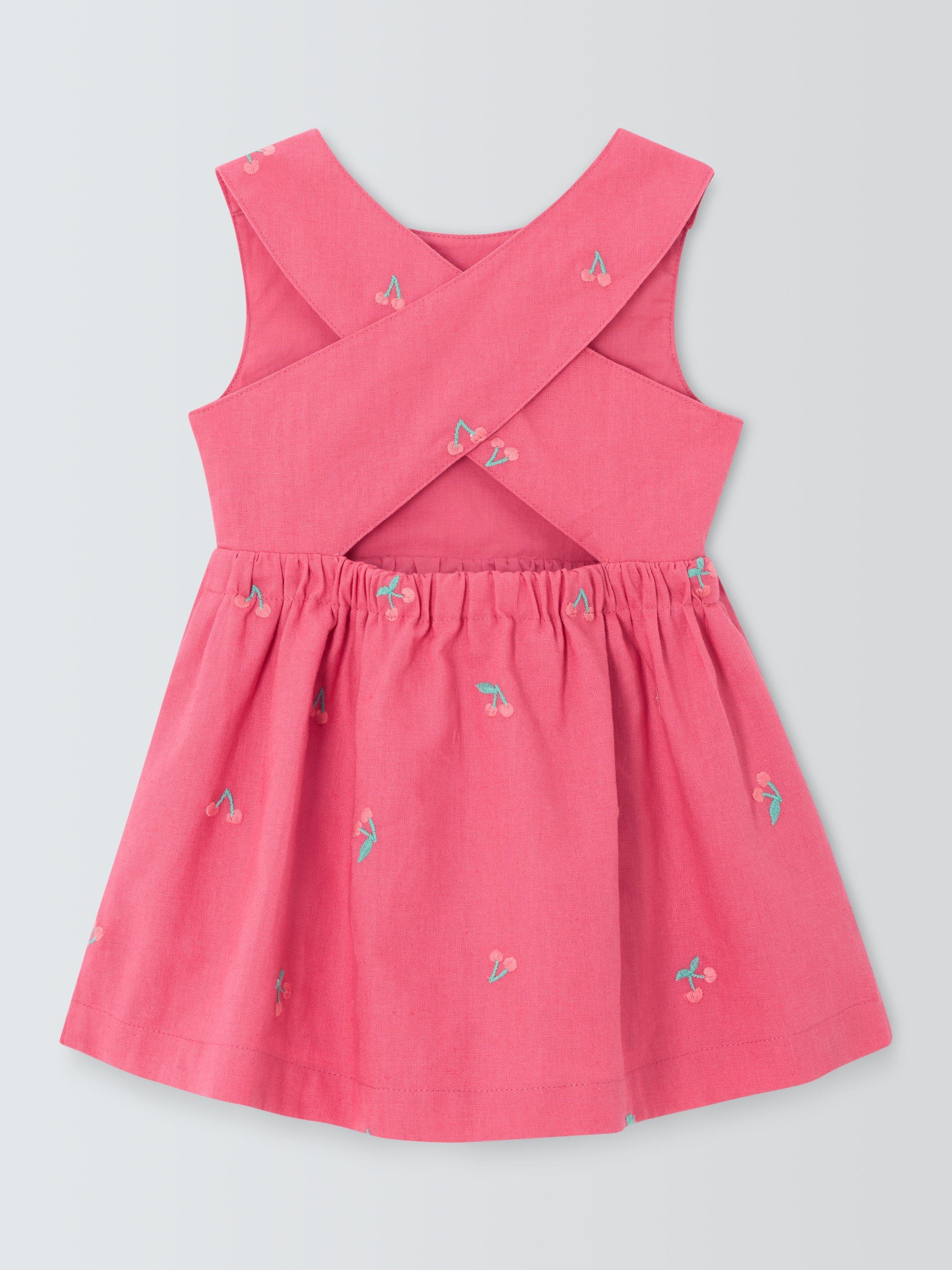 Product image 2 of 3, which shows John Lewis Baby Embroidered Cherry Linen Blend Sleeveless Dress, Pink, 0-3 months