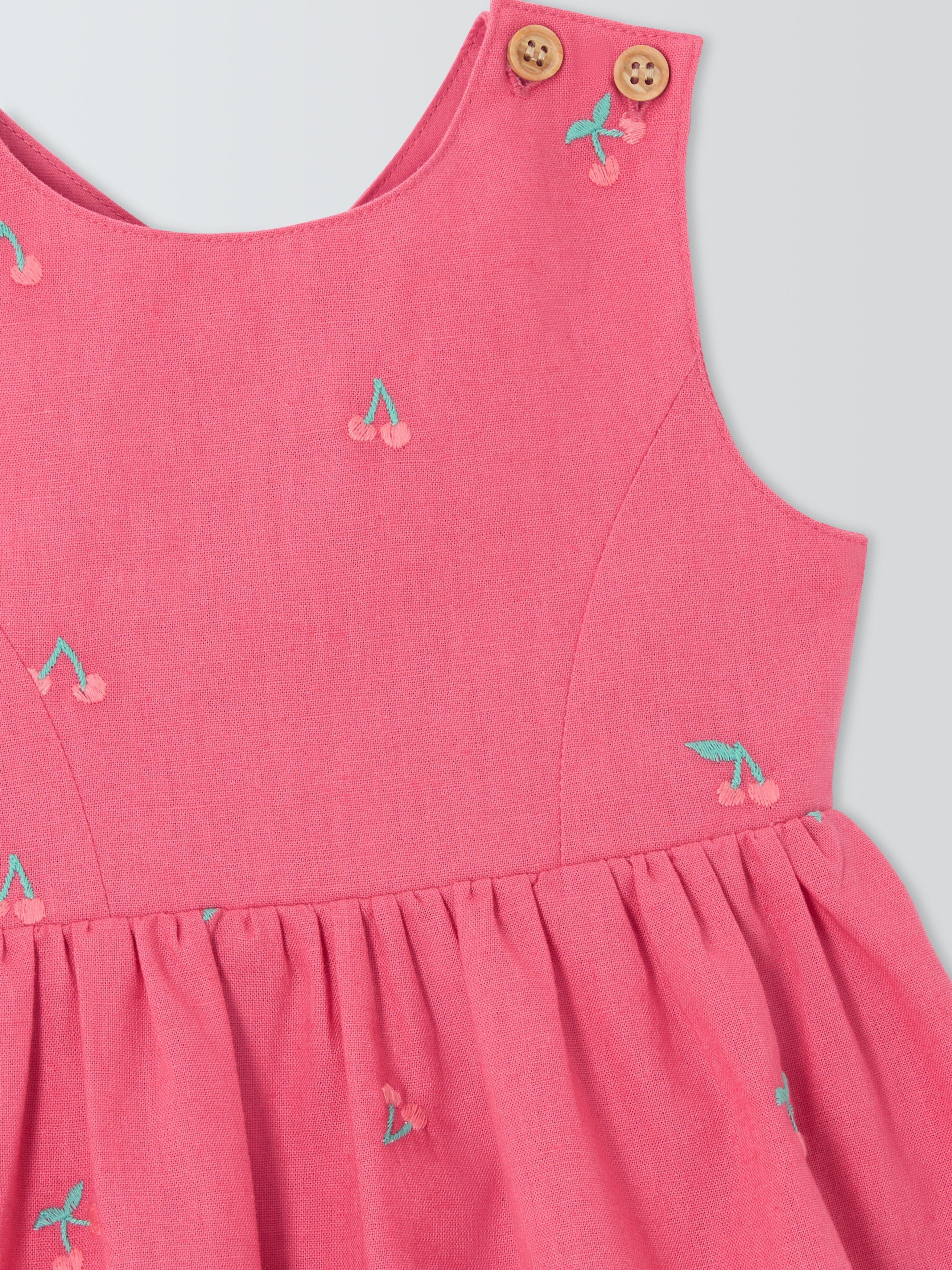 Product image 3 of 3, which shows John Lewis Baby Embroidered Cherry Linen Blend Sleeveless Dress, Pink, 0-3 months