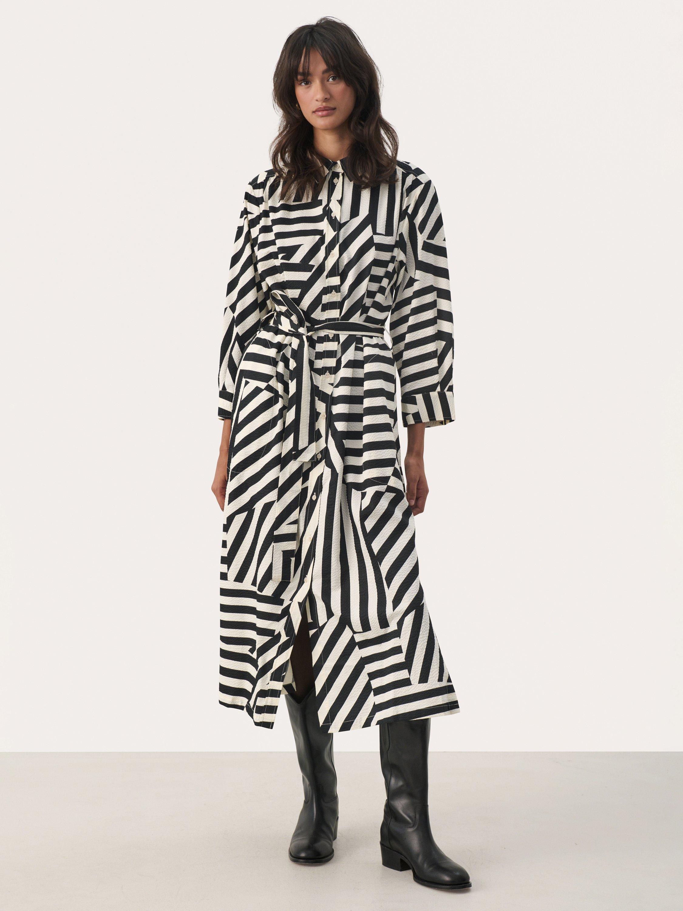 Part Two Binti Geometric Stripe Midi Shirt Dress, Black/White