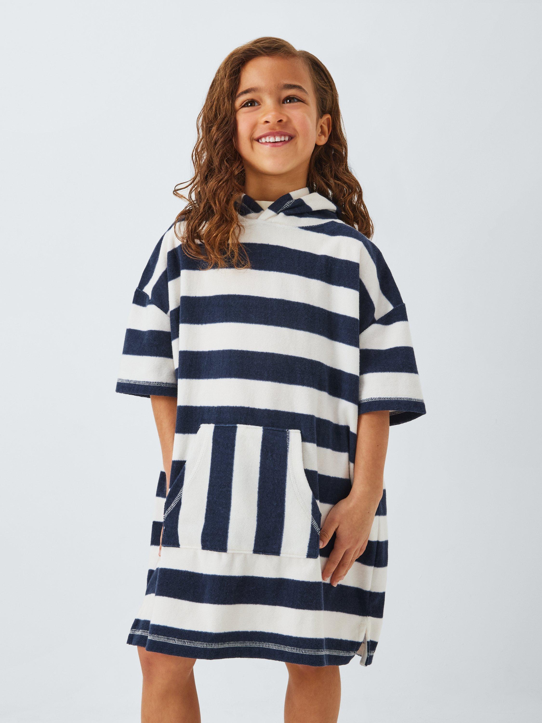 Product image 1 of 7, which shows John Lewis Kids Stripe Towel Poncho, Navy, 2-3 years