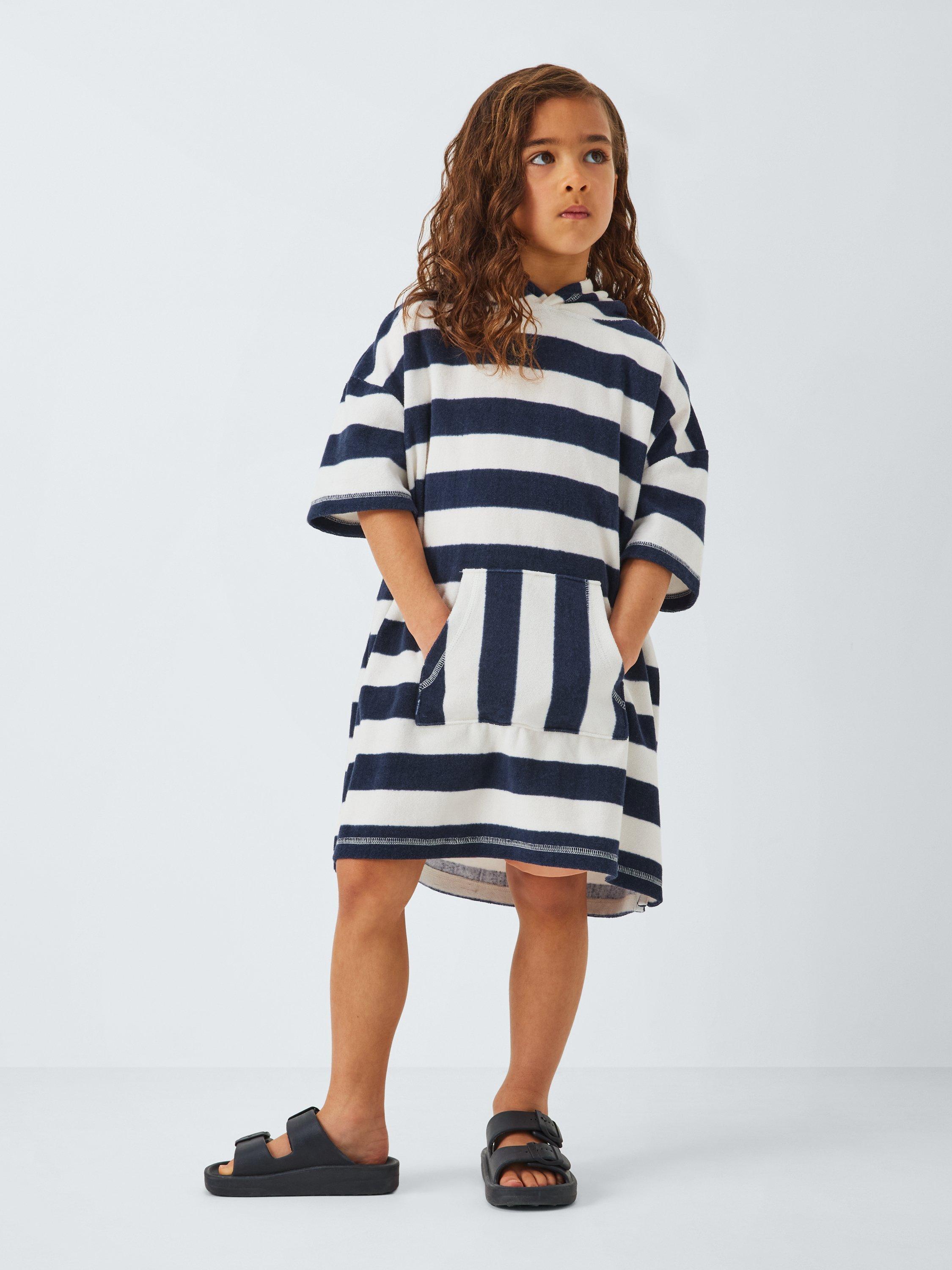 Product image 2 of 7, which shows John Lewis Kids Stripe Towel Poncho, Navy, 2-3 years