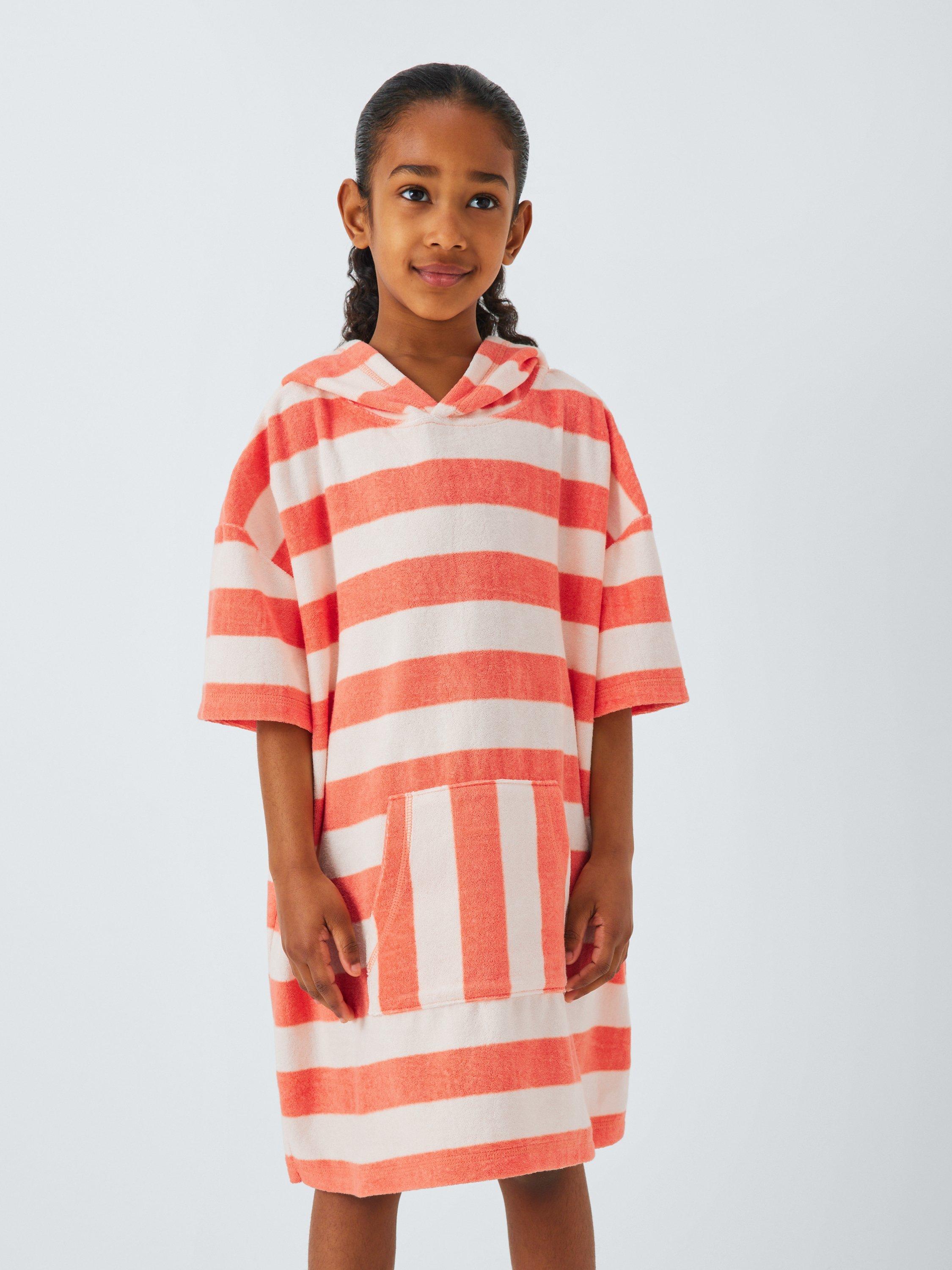 Product image 1 of 6, which shows John Lewis Kids Stripe Towel Poncho, Coral, 2-3 years