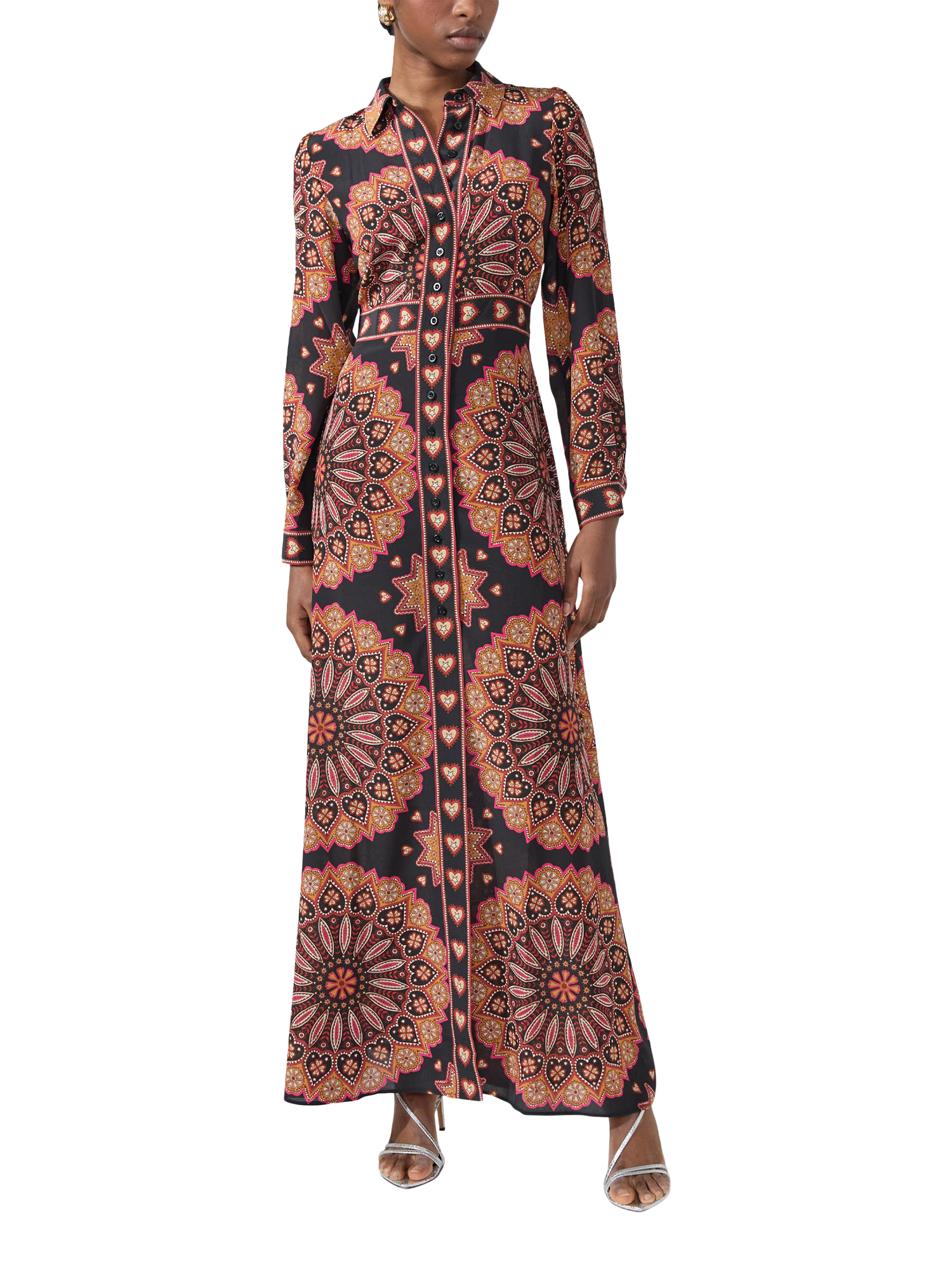 Product image 1 of 6, which shows Hayley Menzies Dalton Silk Maxi Shirt Dress, Black/Multi, XS
