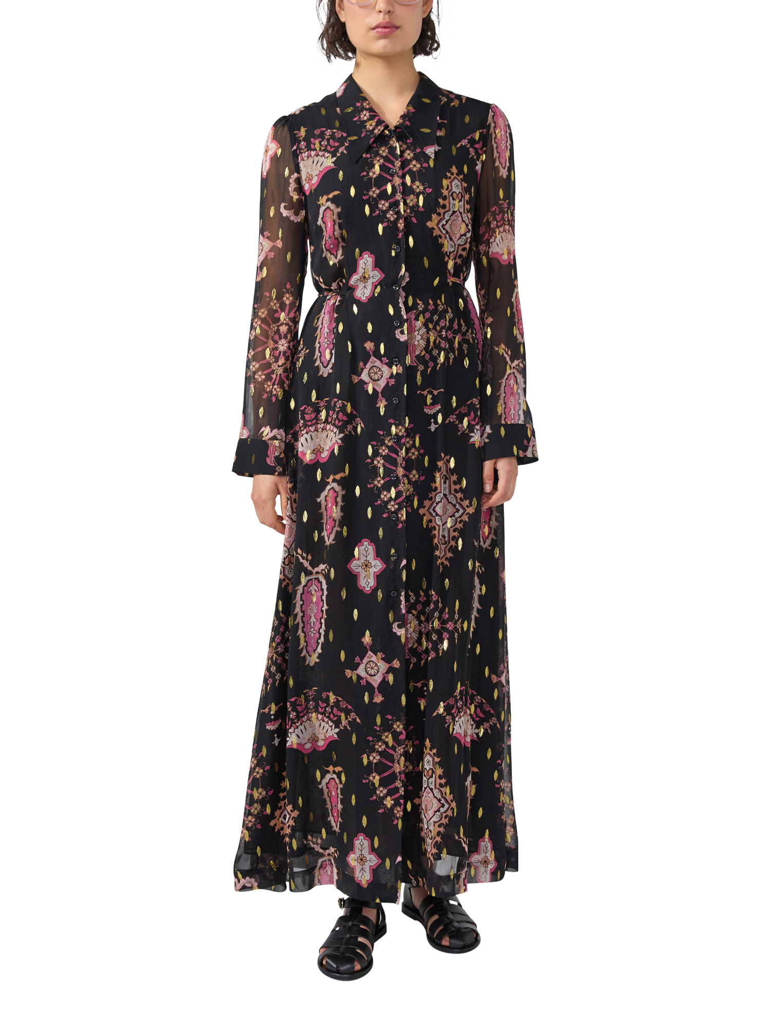 Product image 1 of 4, which shows Hayley Menzies Dylan Metallic Print Maxi Shirt Dress, Black/Multi, XS