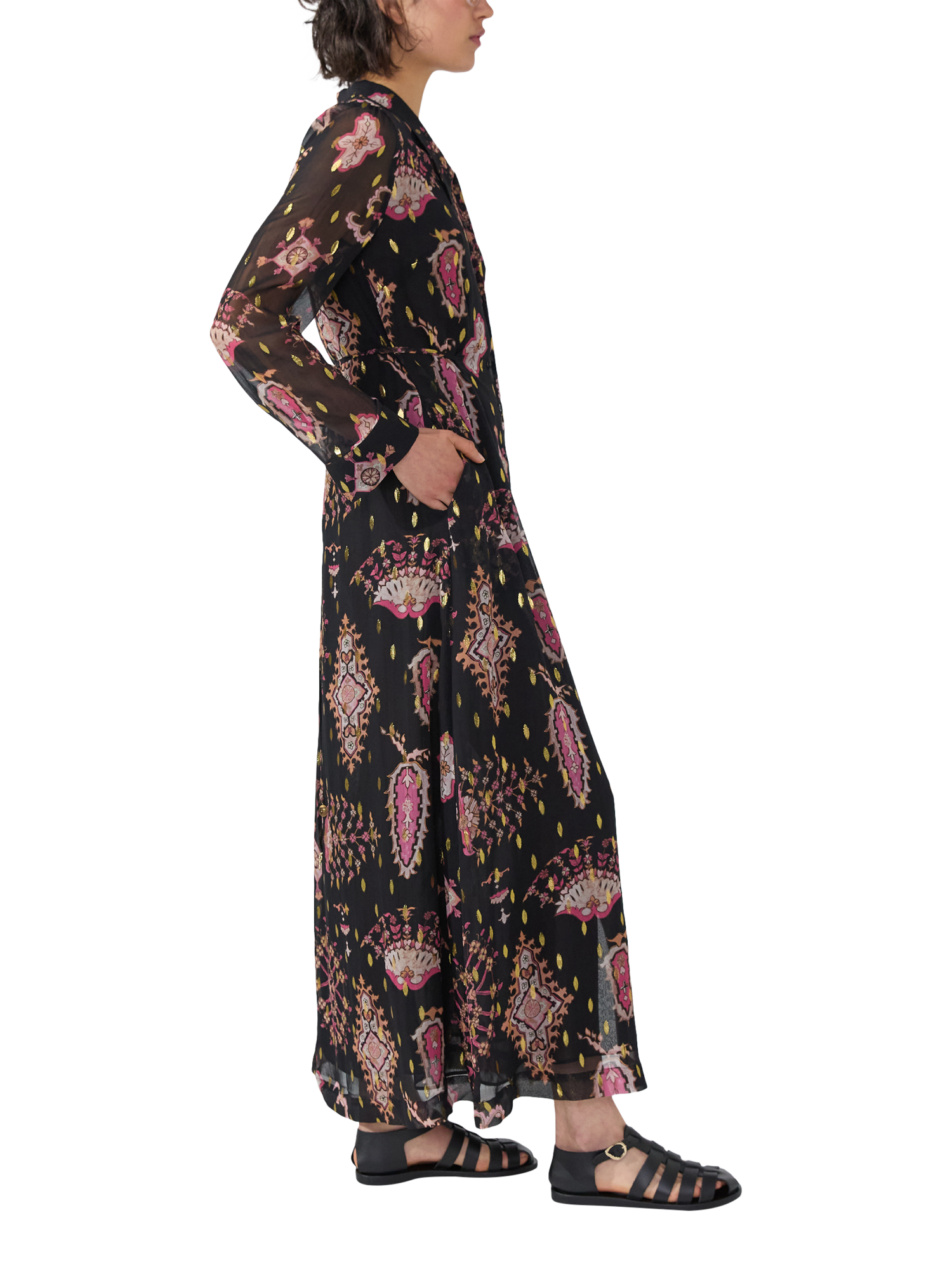 Product image 2 of 4, which shows Hayley Menzies Dylan Metallic Print Maxi Shirt Dress, Black/Multi, XS