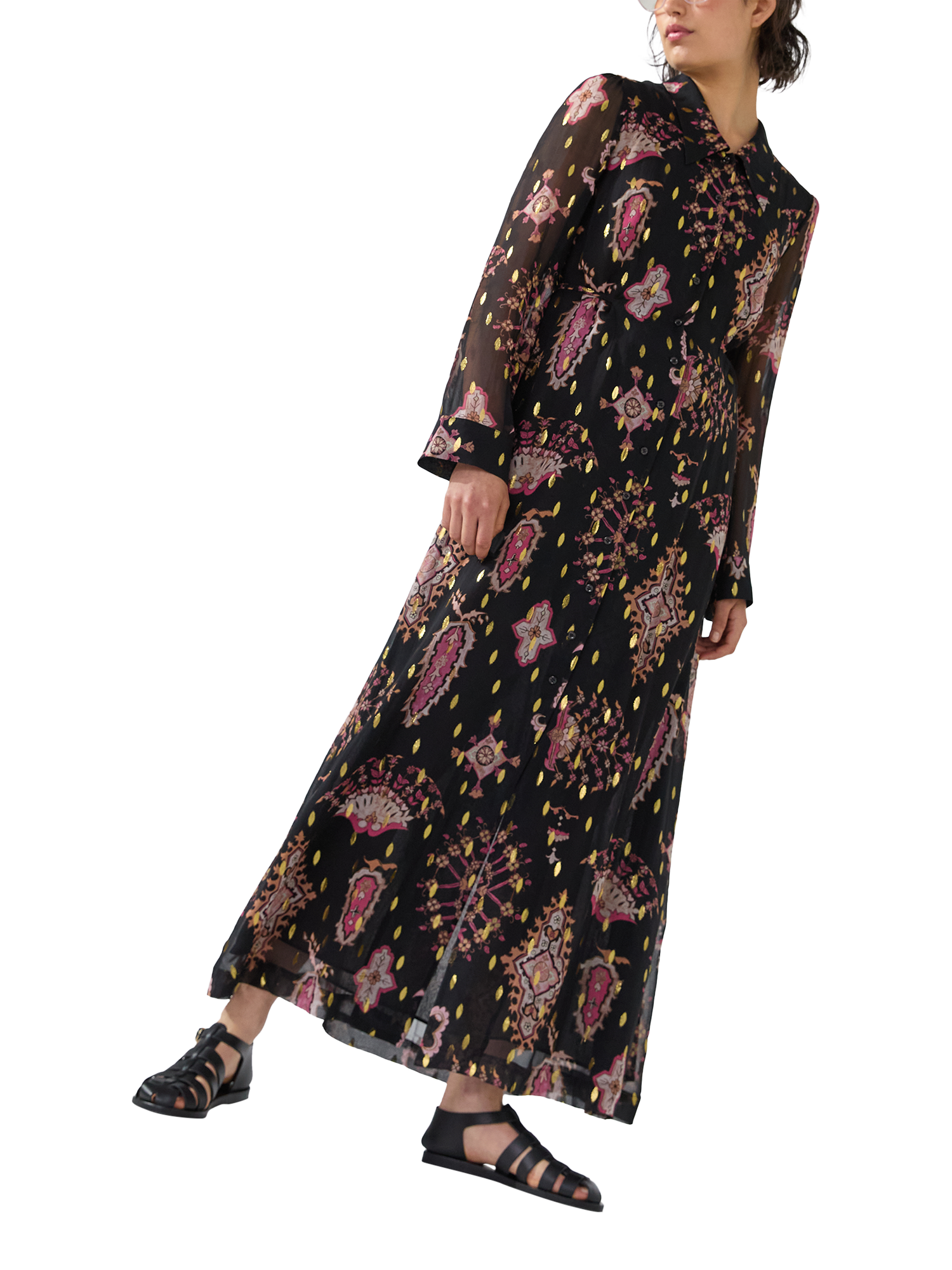 Product image 4 of 4, which shows Hayley Menzies Dylan Metallic Print Maxi Shirt Dress, Black/Multi, XS