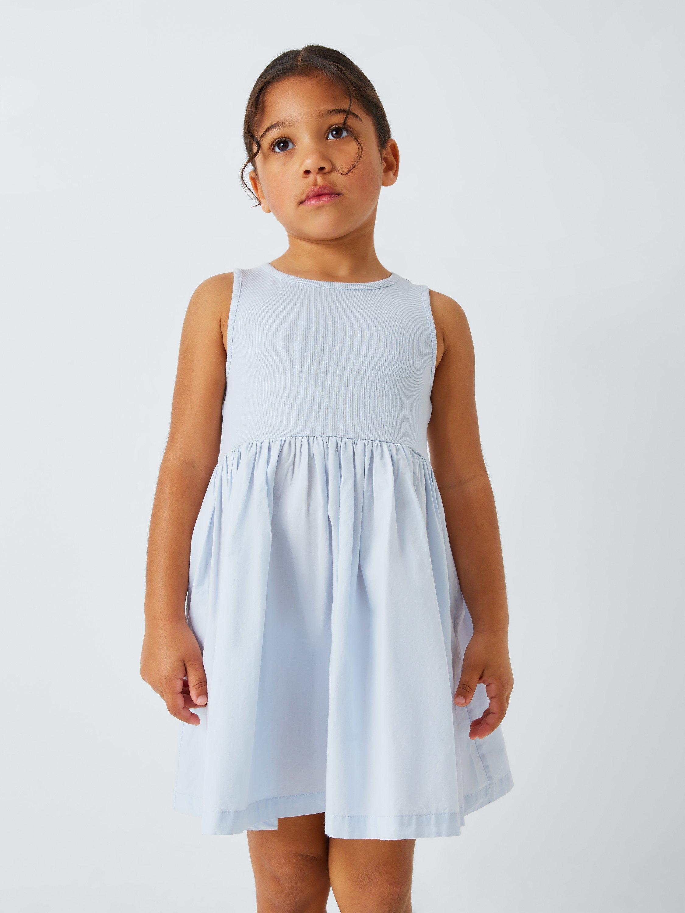 Product image 1 of 7, which shows John Lewis ANYDAY Kids' Ribbed Jersey Cotton Poplin Dress, Blue, 2 years