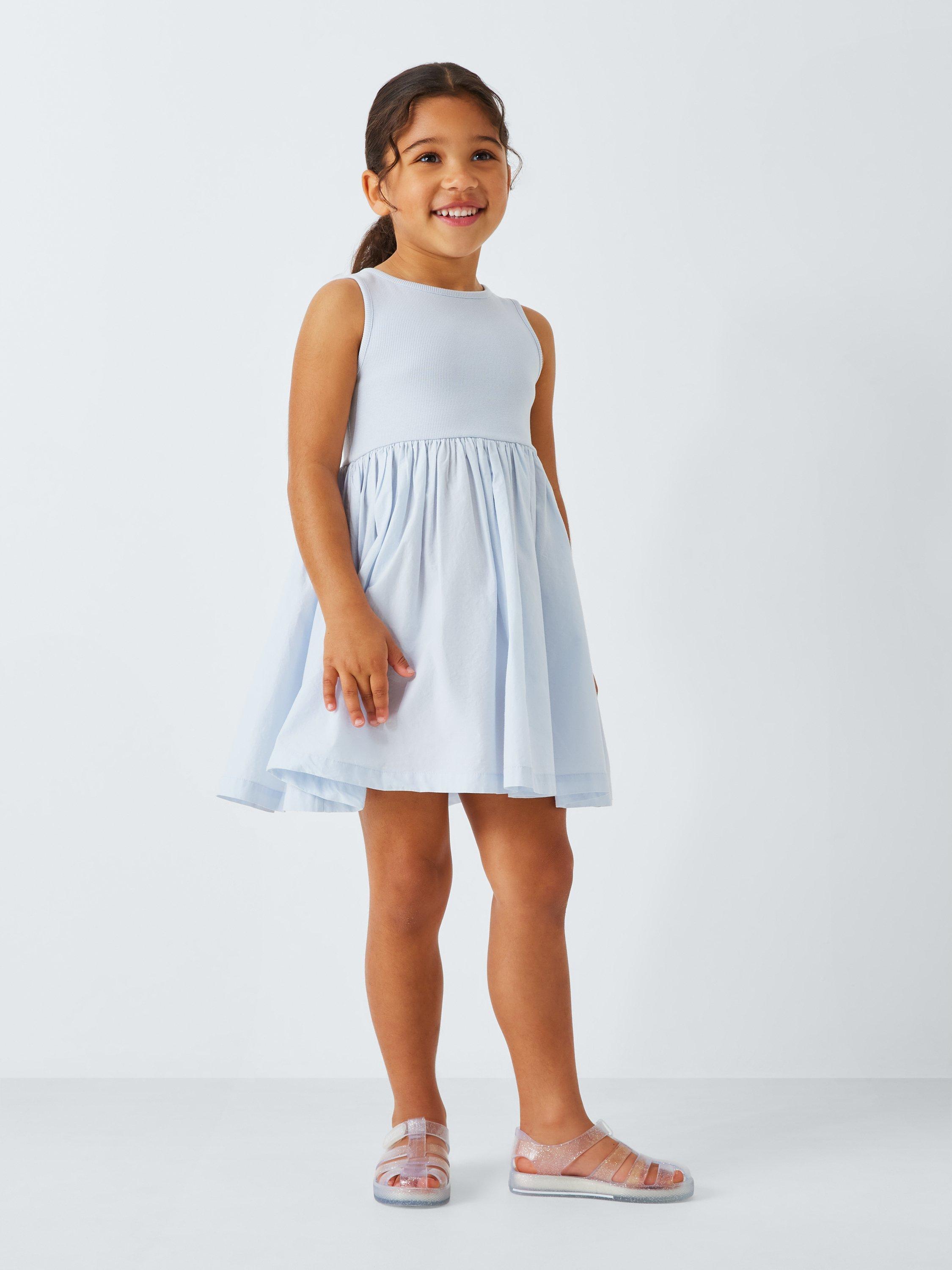 Product image 2 of 7, which shows John Lewis ANYDAY Kids' Ribbed Jersey Cotton Poplin Dress, Blue, 2 years