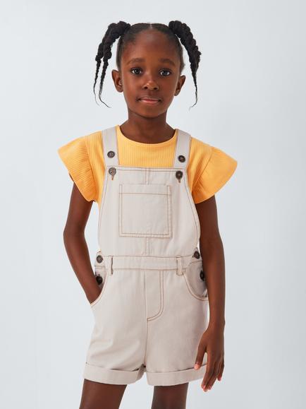 John Lewis ANYDAY Kids' Twill Bib Short Dungarees, Ecru Twill, Ecru Twill