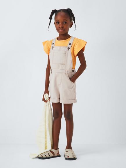 John Lewis ANYDAY Kids' Twill Bib Short Dungarees, Ecru Twill - view 2, Ecru Twill