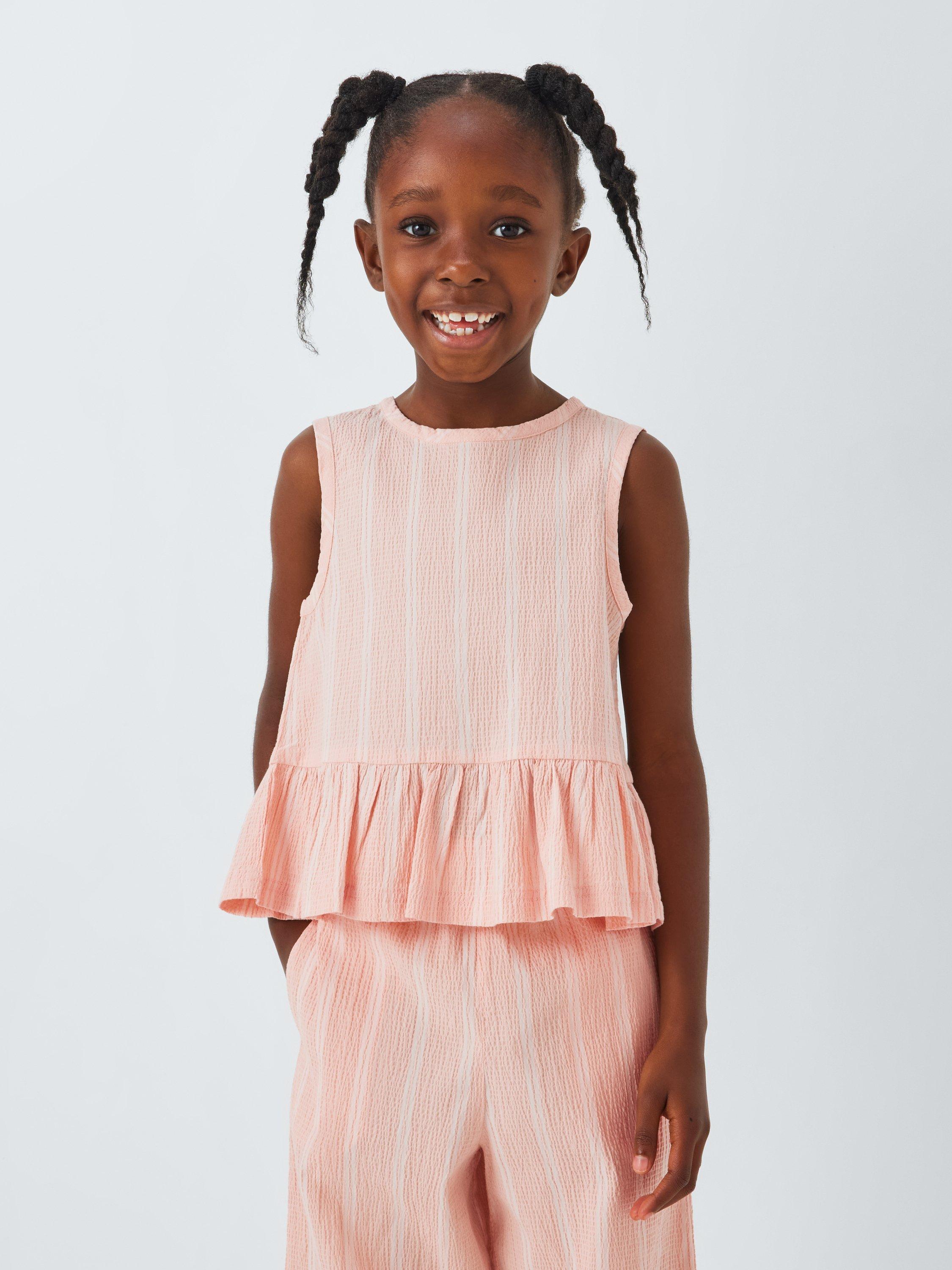 Product image 1 of 7, which shows John Lewis ANYDAY Kids' Stripe Crinkle Peplum Hem Top, Pink, 2 years