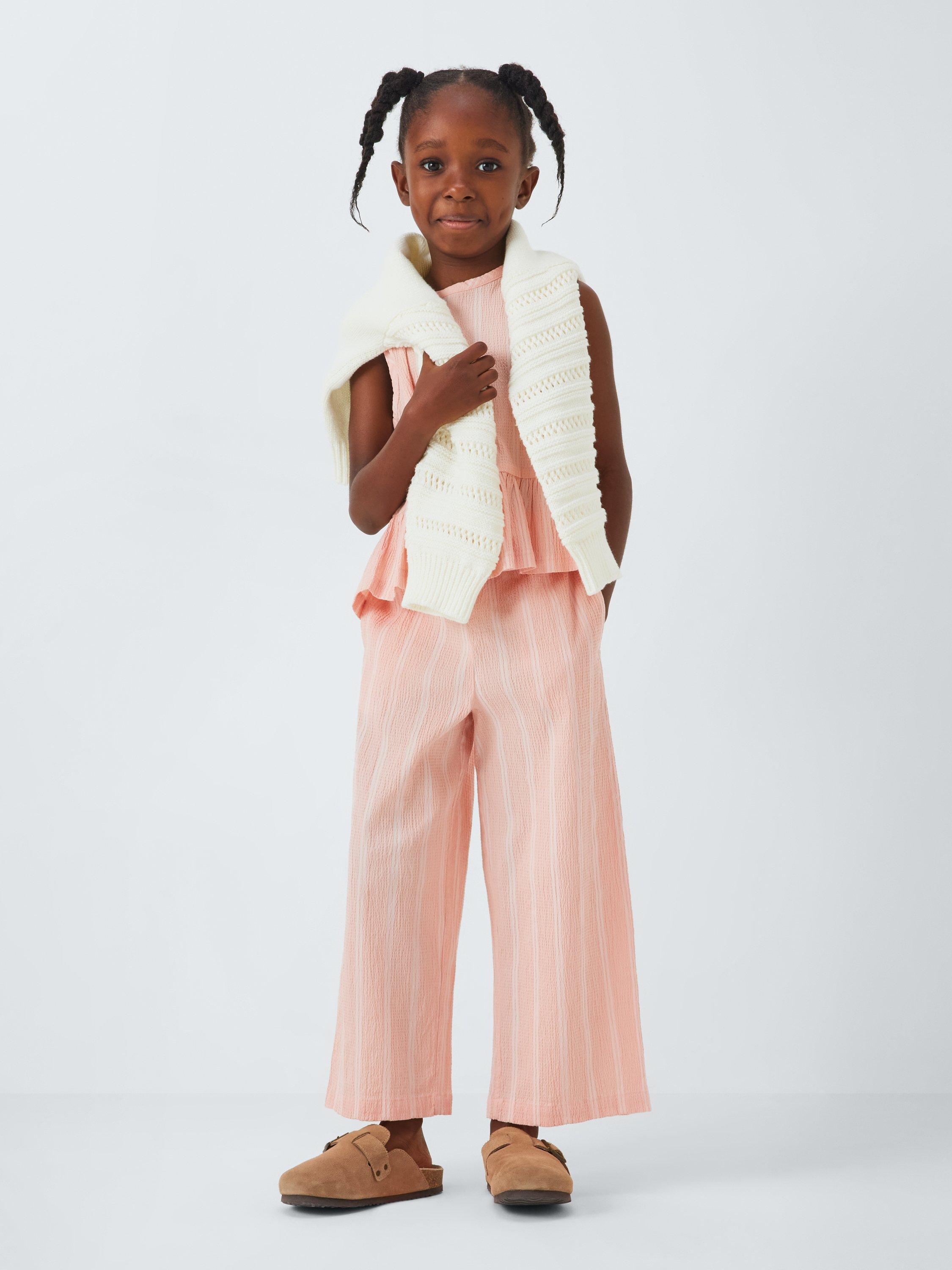 Product image 2 of 7, which shows John Lewis ANYDAY Kids' Stripe Crinkle Peplum Hem Top, Pink, 2 years