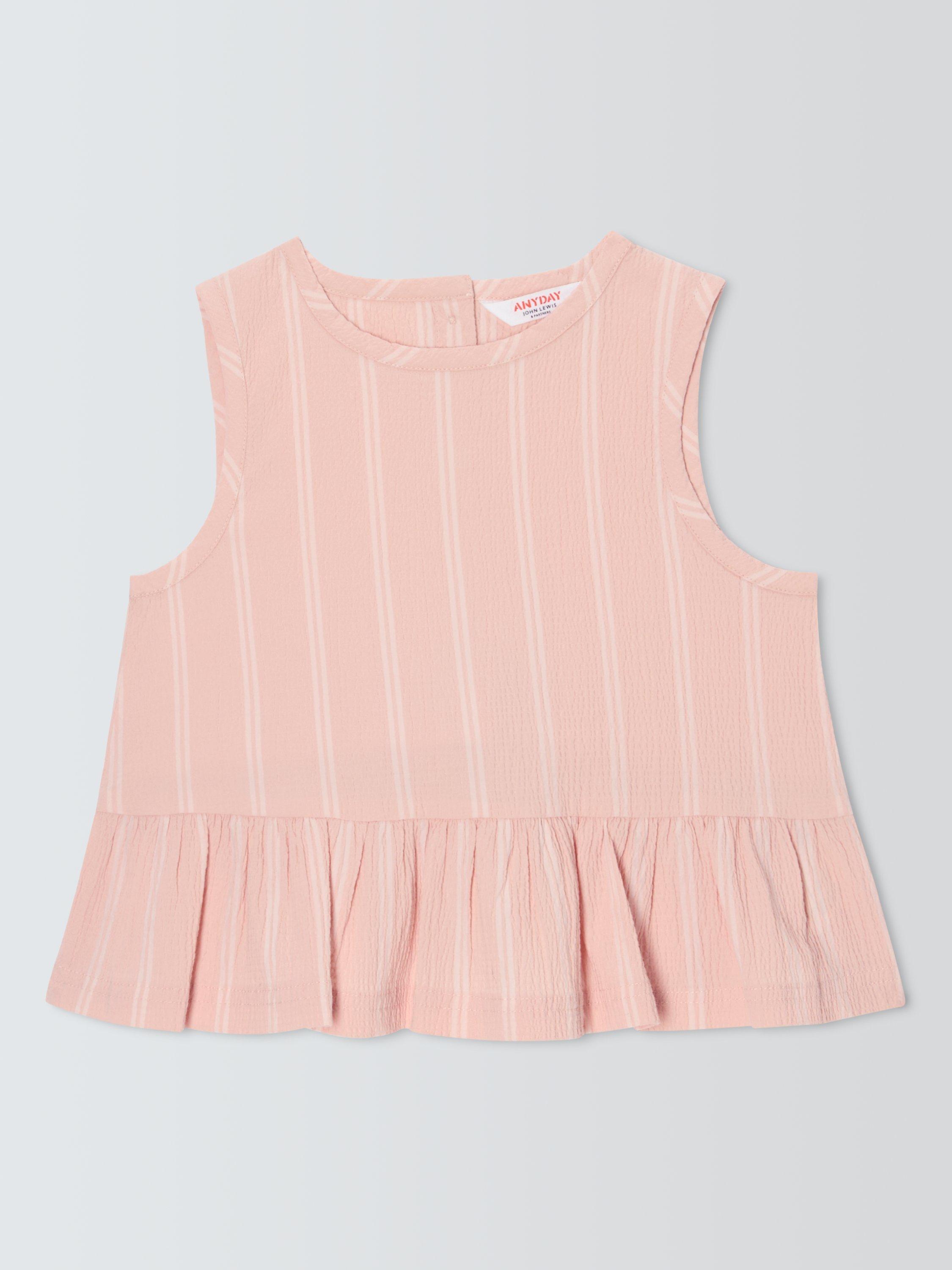 Product image 3 of 7, which shows John Lewis ANYDAY Kids' Stripe Crinkle Peplum Hem Top, Pink, 2 years