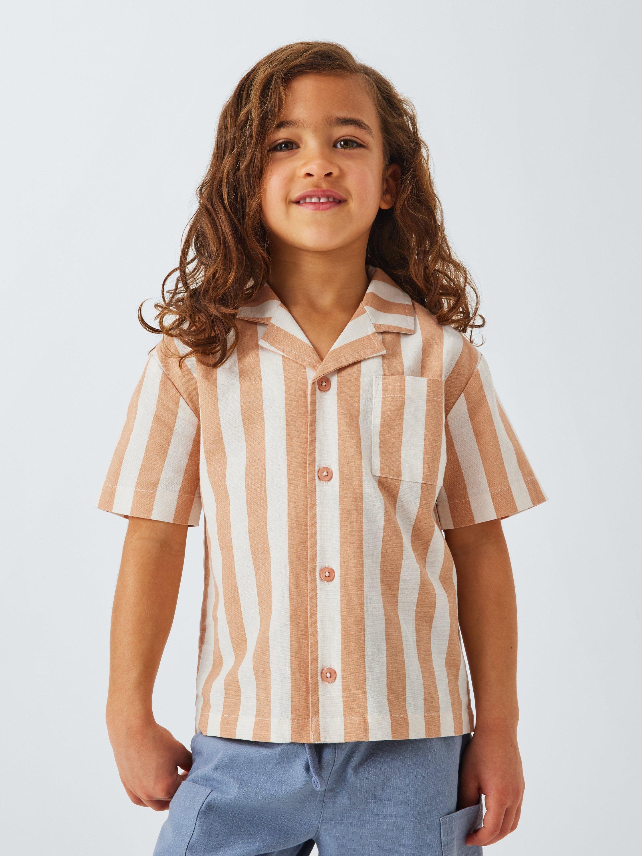 John Lewis ANYDAY Kids' Stripe Short Sleeve Shirt, Toast/Cream Stripe