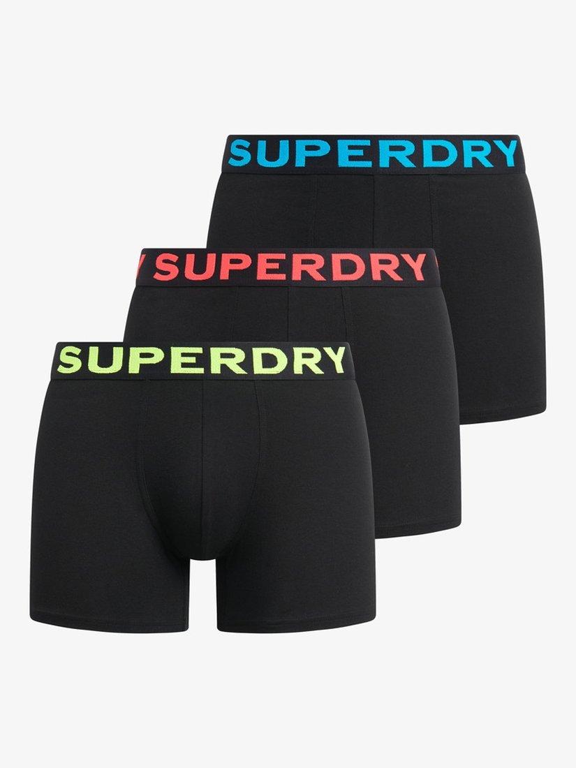 Product image 1 of 6, which shows Superdry Stretch Cotton Boxers, Pack of 3, Black/Neon, S