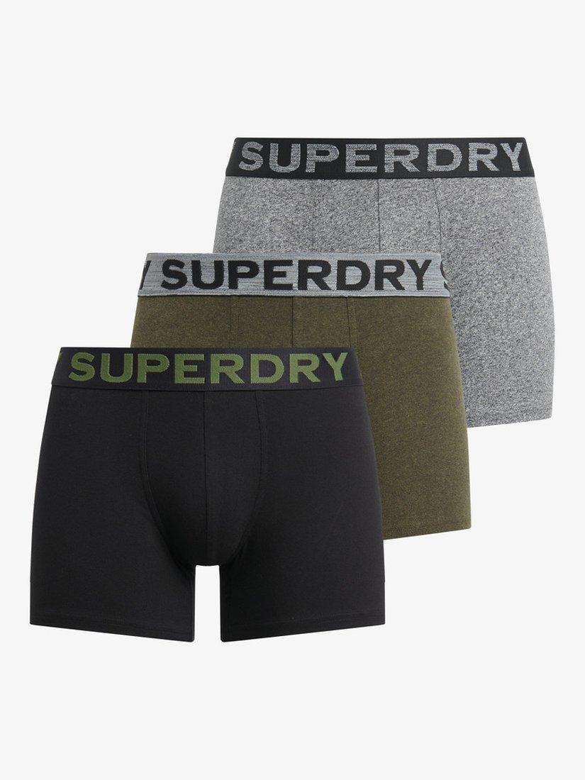 Product image 1 of 6, which shows Superdry Stretch Cotton Boxers, Pack of 3, Grey/Khaki/Black, S