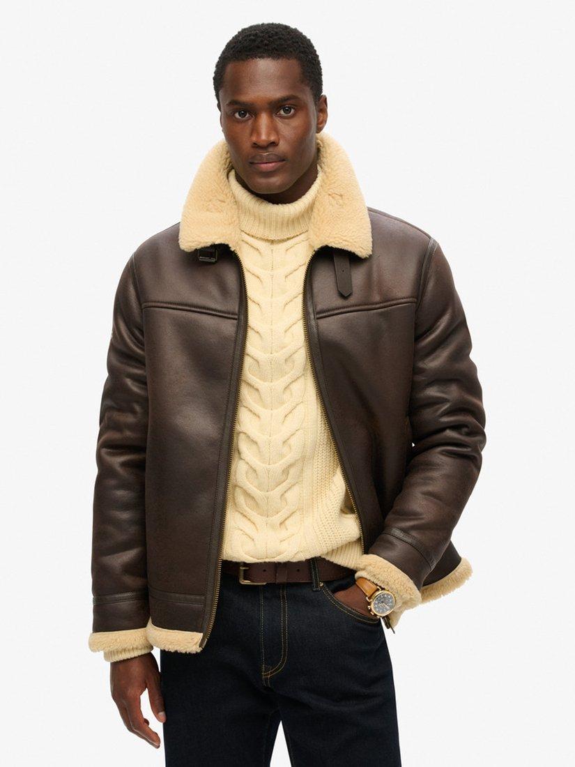 Superdry Faux Shearling Aviator Jacket Dark Brown