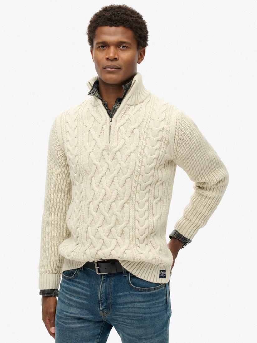 Superdry Jacob Cable Knit Half Zip Jumper, Ecru