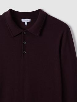 Reiss Trafford Knitted Wool Long Sleeve Polo Top - view 2, Dark Bordeaux
