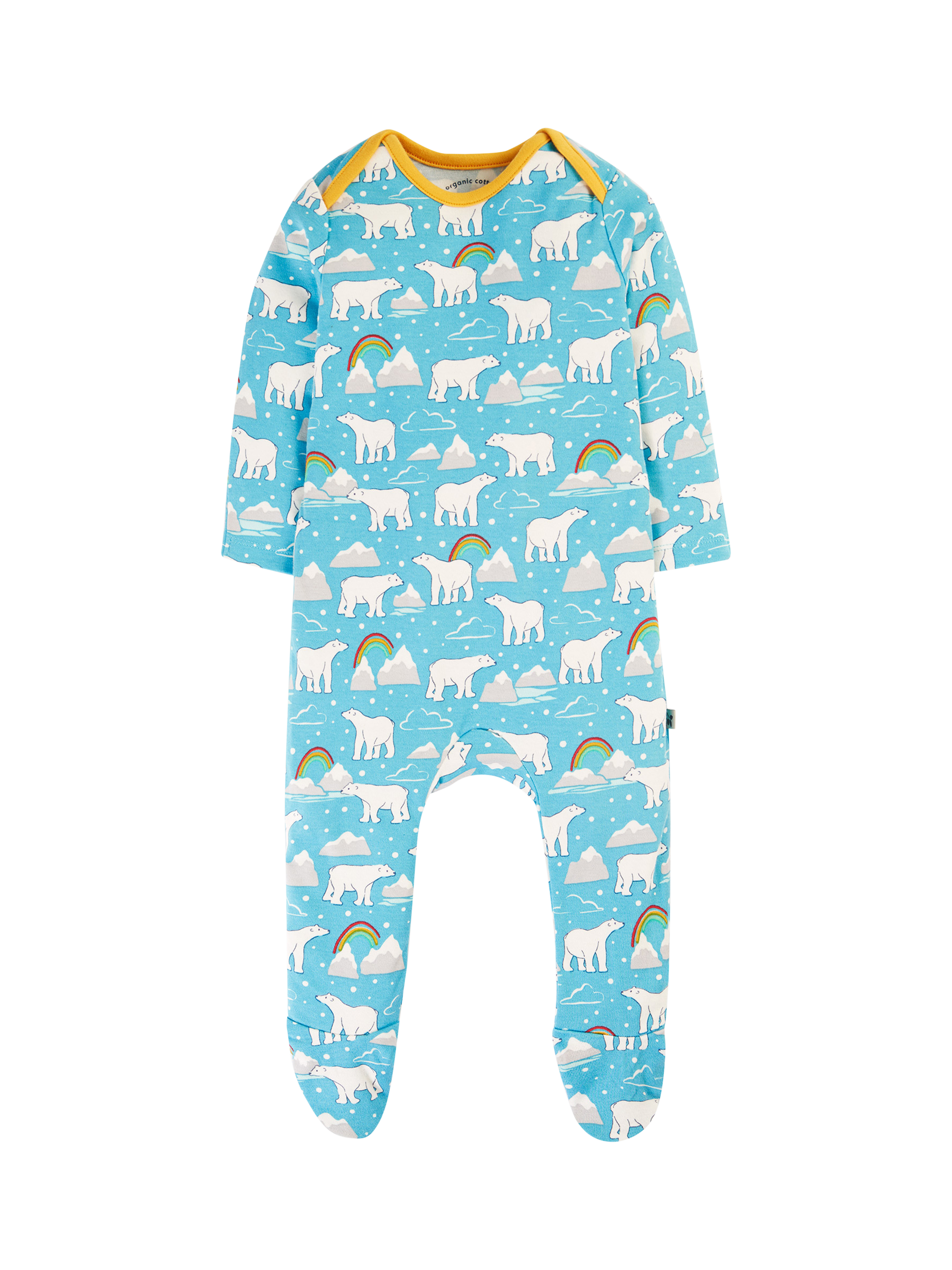 Product image 1 of 6, which shows Frugi Baby Easy Printed Sleepsuit, Blue/Multi, 0-3 months