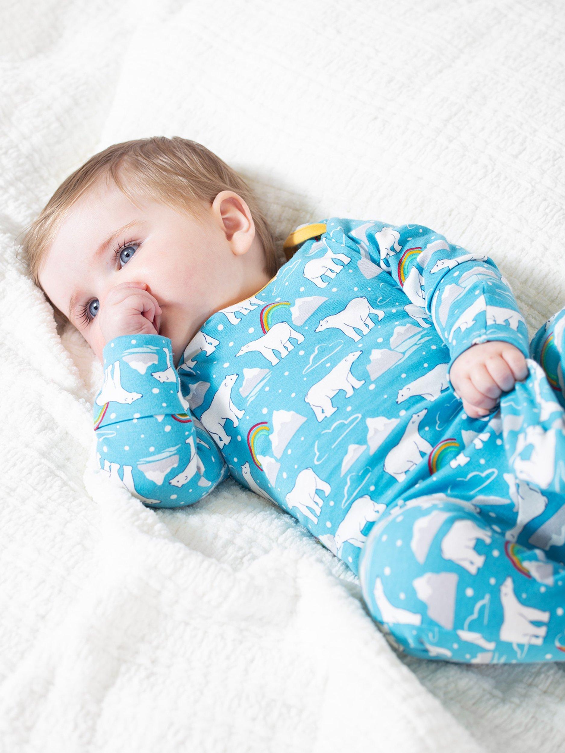Product image 2 of 6, which shows Frugi Baby Easy Printed Sleepsuit, Blue/Multi, 0-3 months