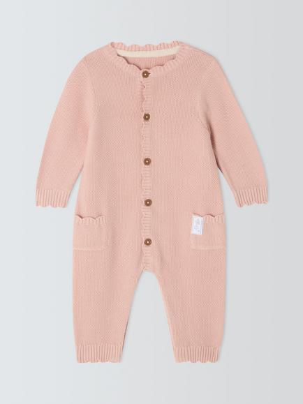 John Lewis Baby Knitted Scalloped Romper Suit, Pink, Pink