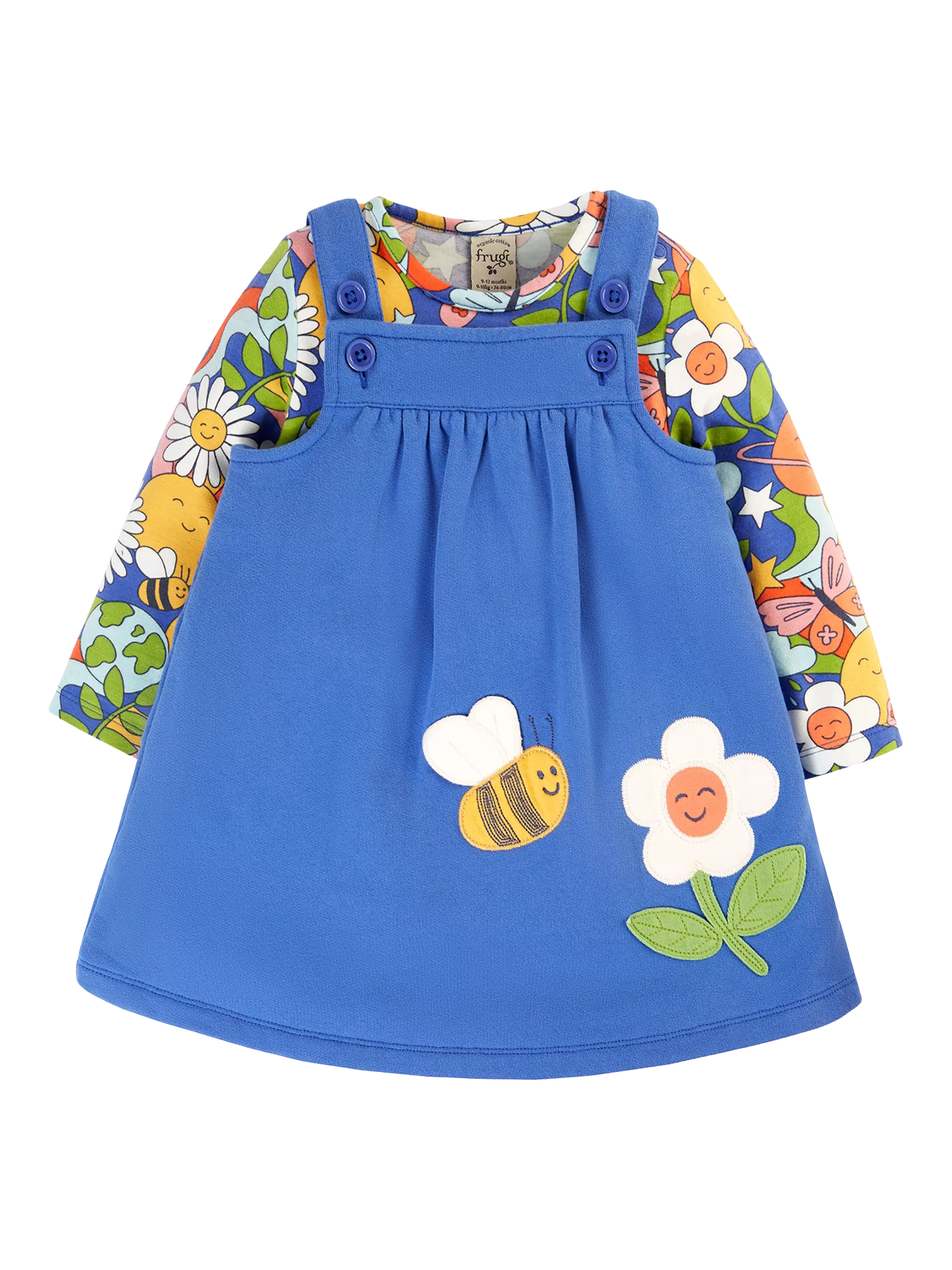 Vintage Infant Pinafore Circle Dress 2024 18 M Blue Polka Dot Floral Button Tie Waist