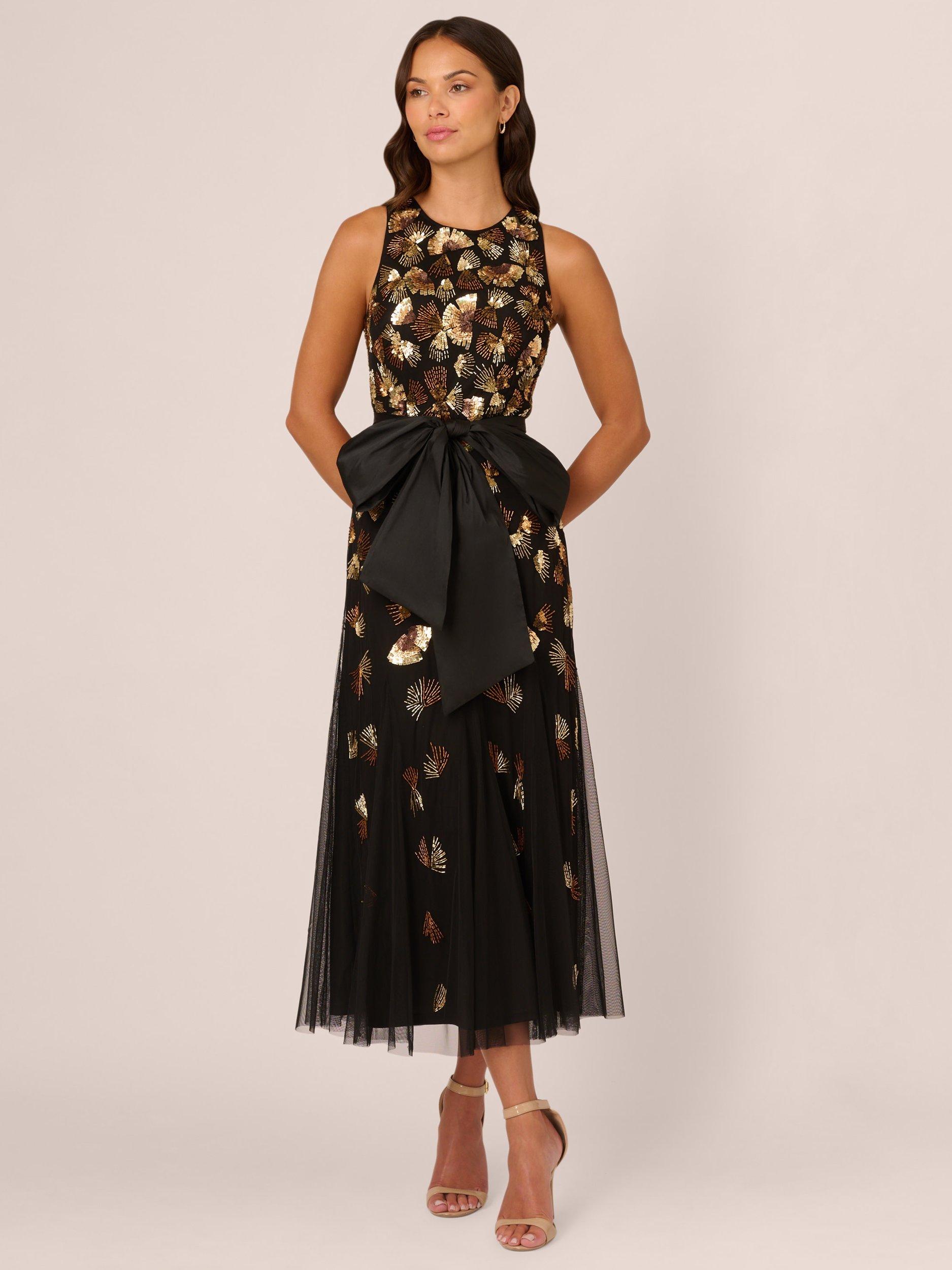 Adrianna Papell Beaded Mesh Godet Dress, Black/Gold