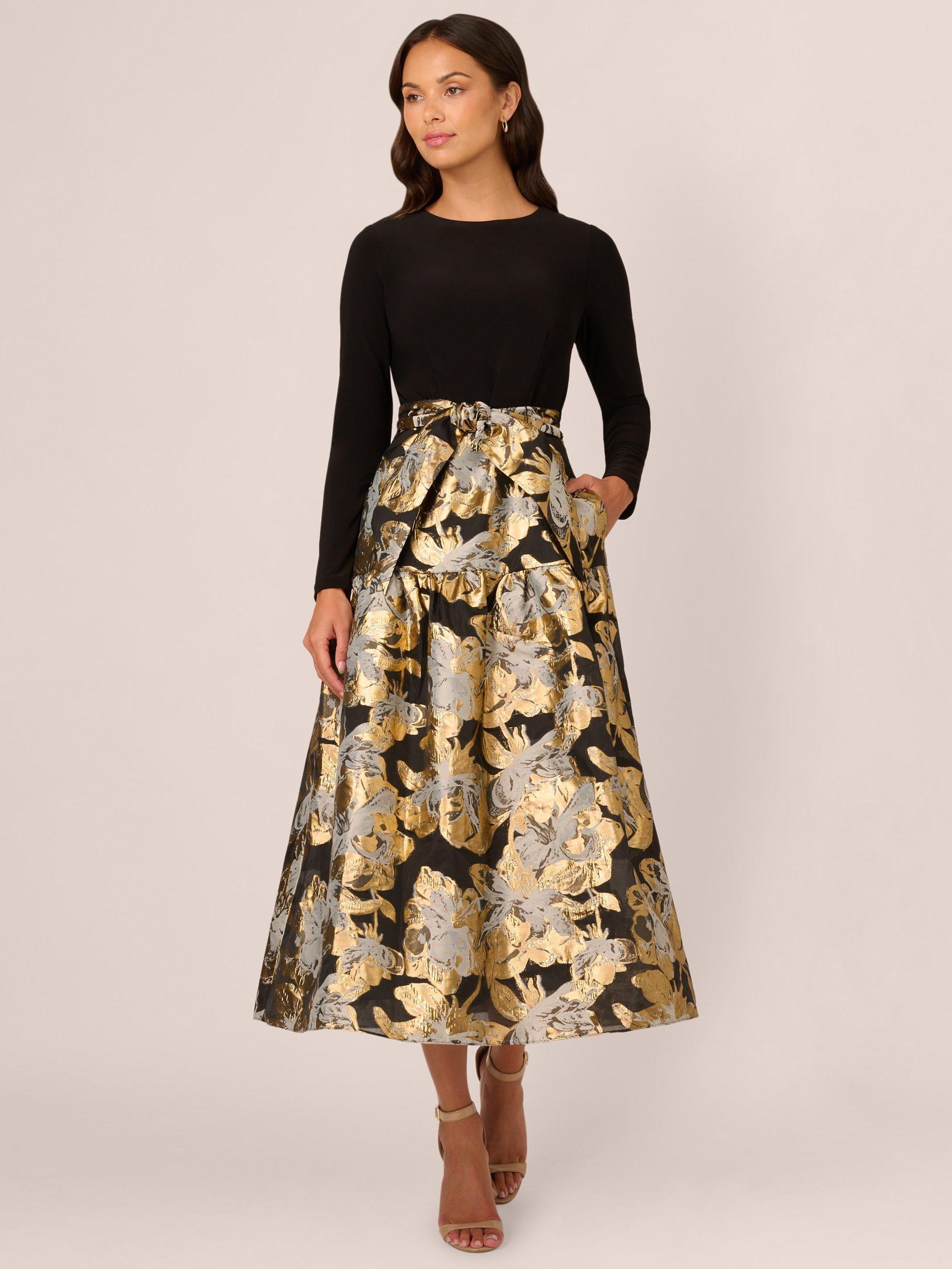 Adrianna Papell Combo Floral Jacquard Dress Black Gold