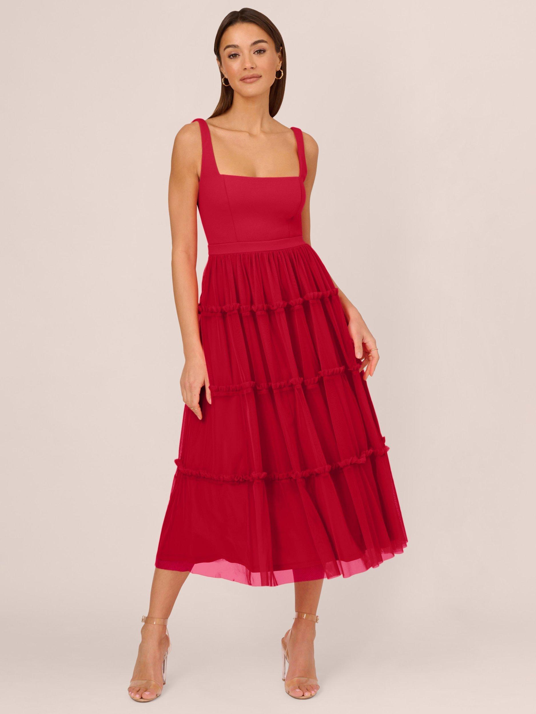 Product image 1 of 7, which shows Adrianna by Adrianna Papell Knit Mesh Flared Dress, Matador Red, 16