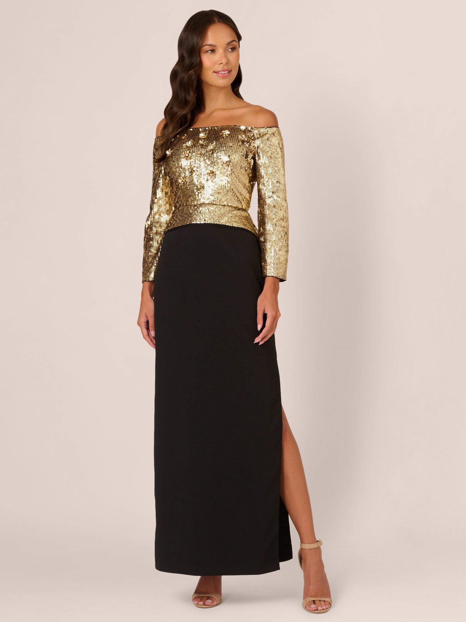 Adrianna Papell Beaded Off Shoulder Dress Black Gold