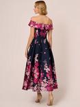 Adrianna Papell Bardot Neck Floral Print Fit & Flare Midi Dress, Navy/Pink Multi